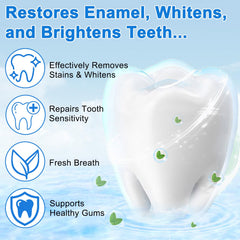 Illustration of enamel repair with hydroxyapatite formula.
