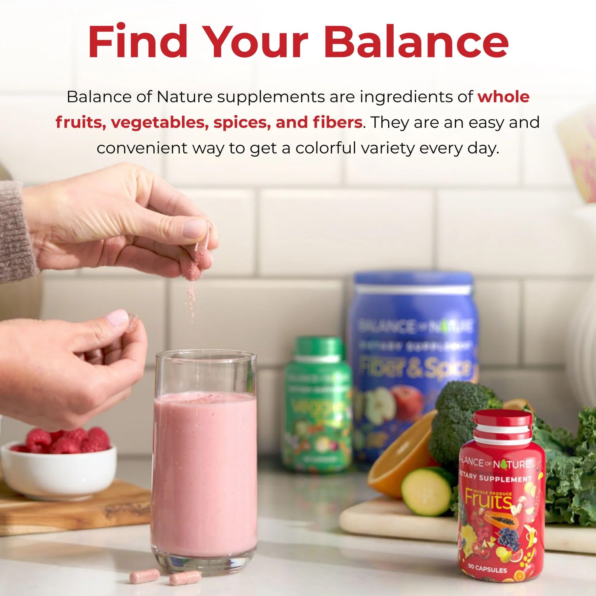 Encapsulated and bottled Balance of Nature Fruits supplement