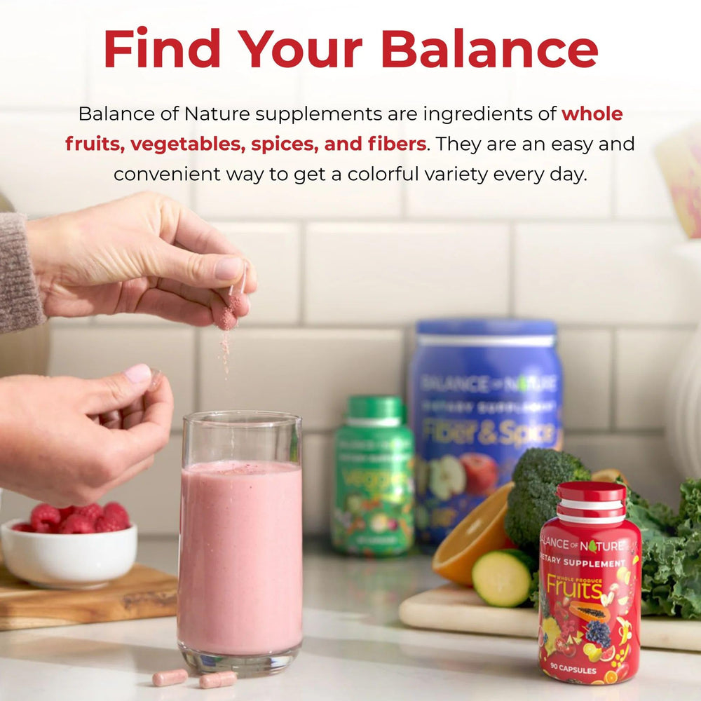 Encapsulated and bottled Balance of Nature Fruits supplement