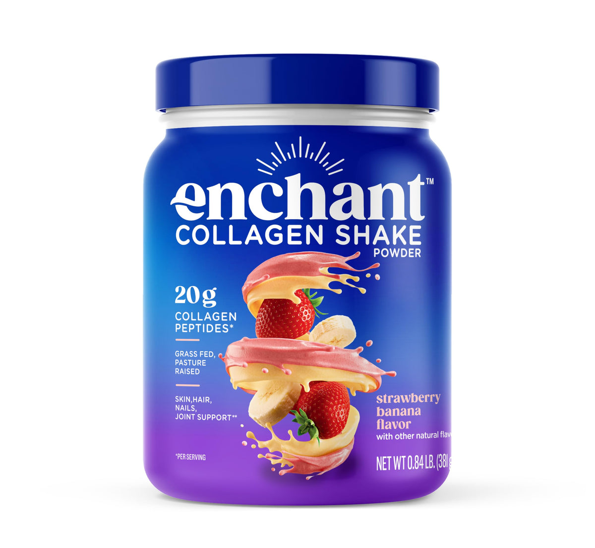 Enchant Collagen Powder Strawberry Banana flavor bottle and scoop