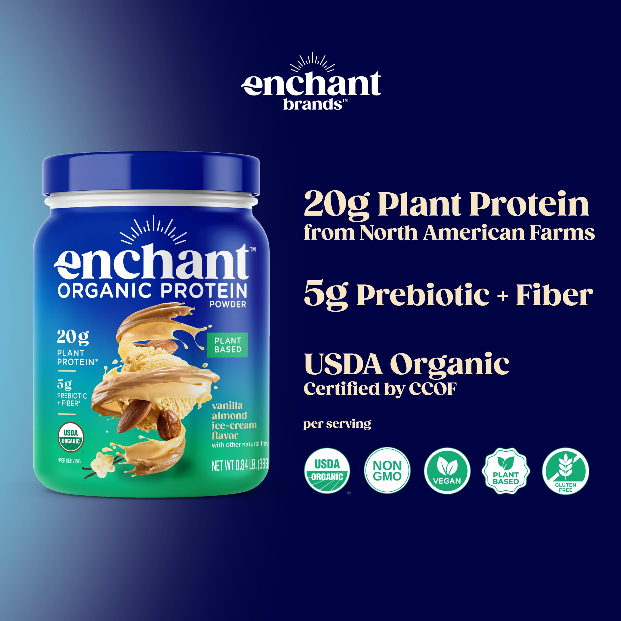 Enchant Organic Protein Powder Vanilla Almond aroma hints at indulgent daily shakes.