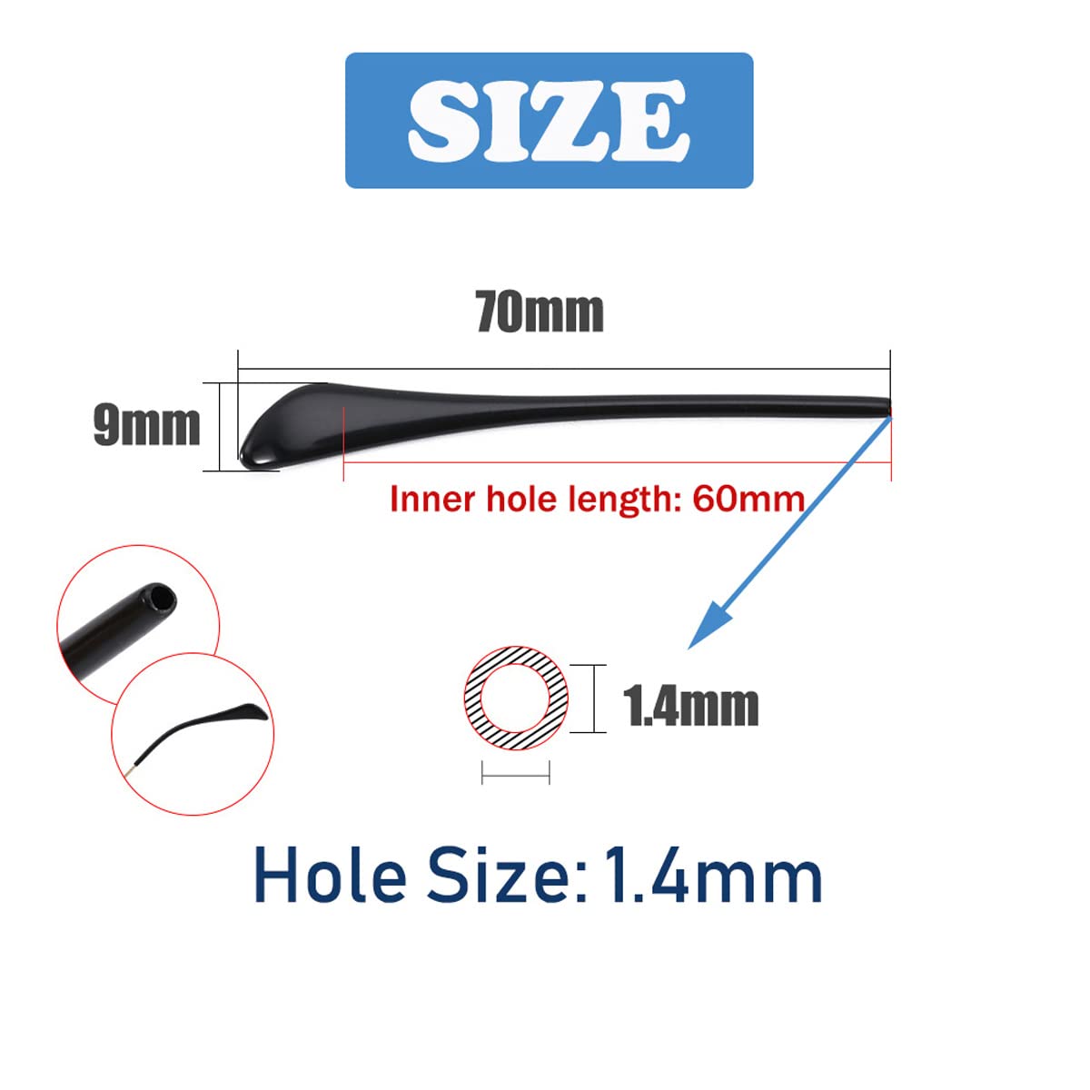 End tips with circular hole design for round metal frames