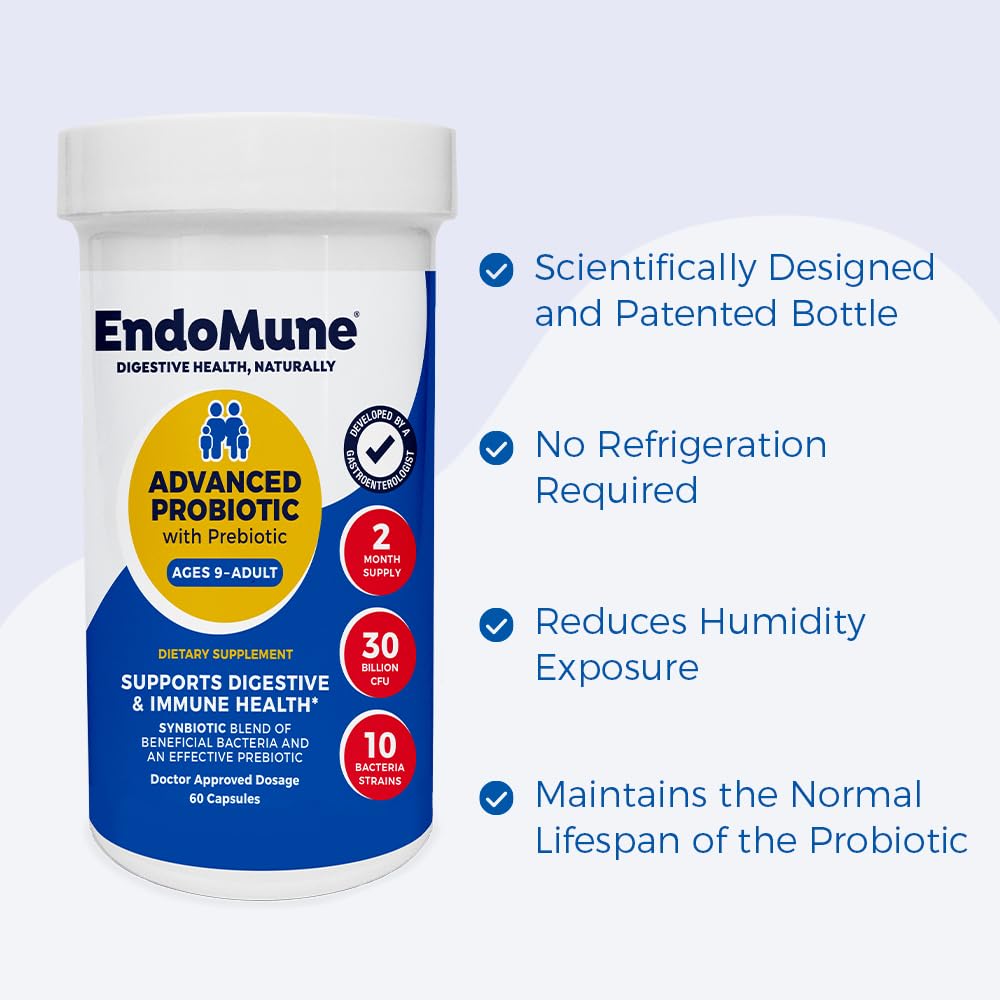 Shelf-stable Endomune Advanced Probiotic bottle design