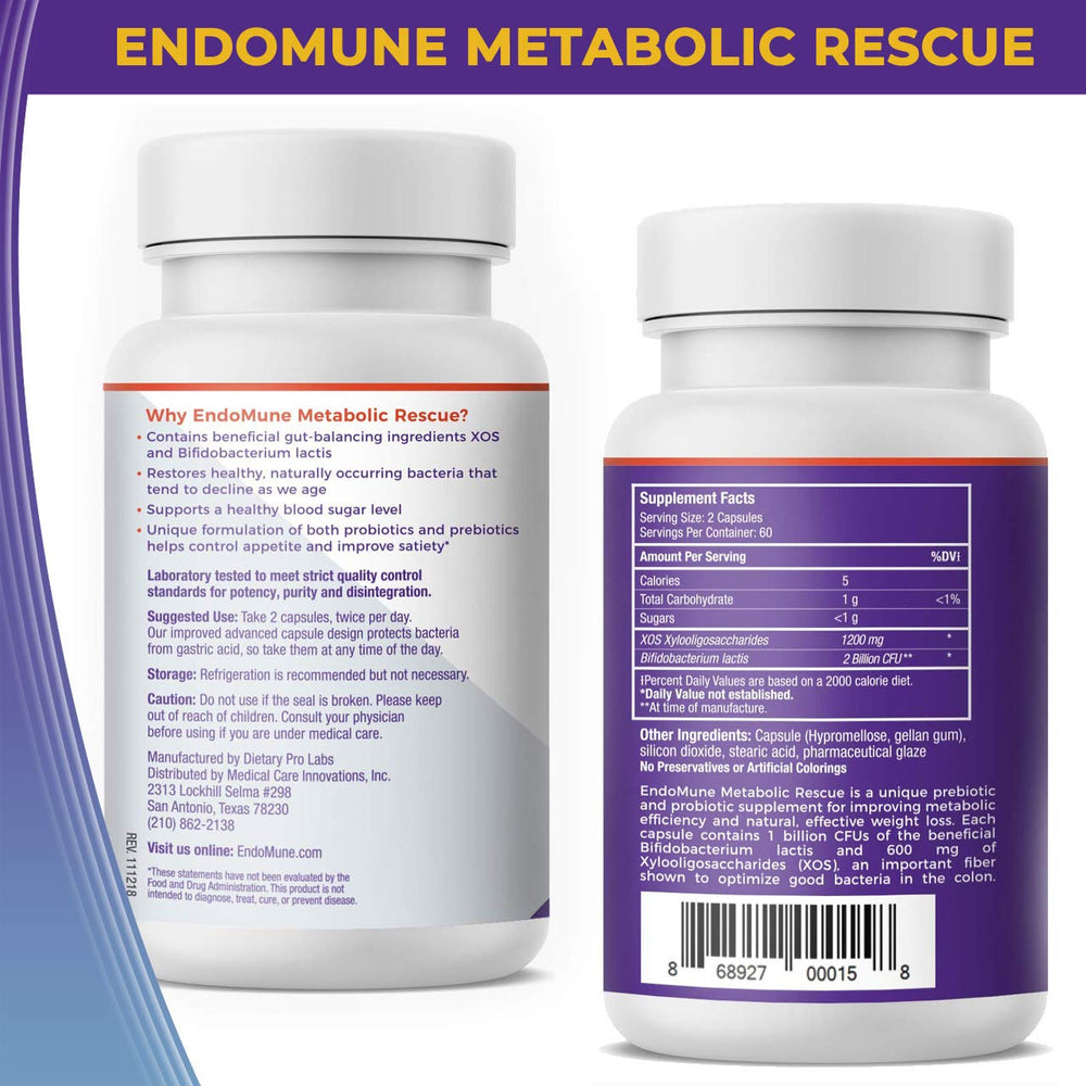 Endomune Metabolic Rescue capsules close-up highlights 2B CFU per serving for gut balance.