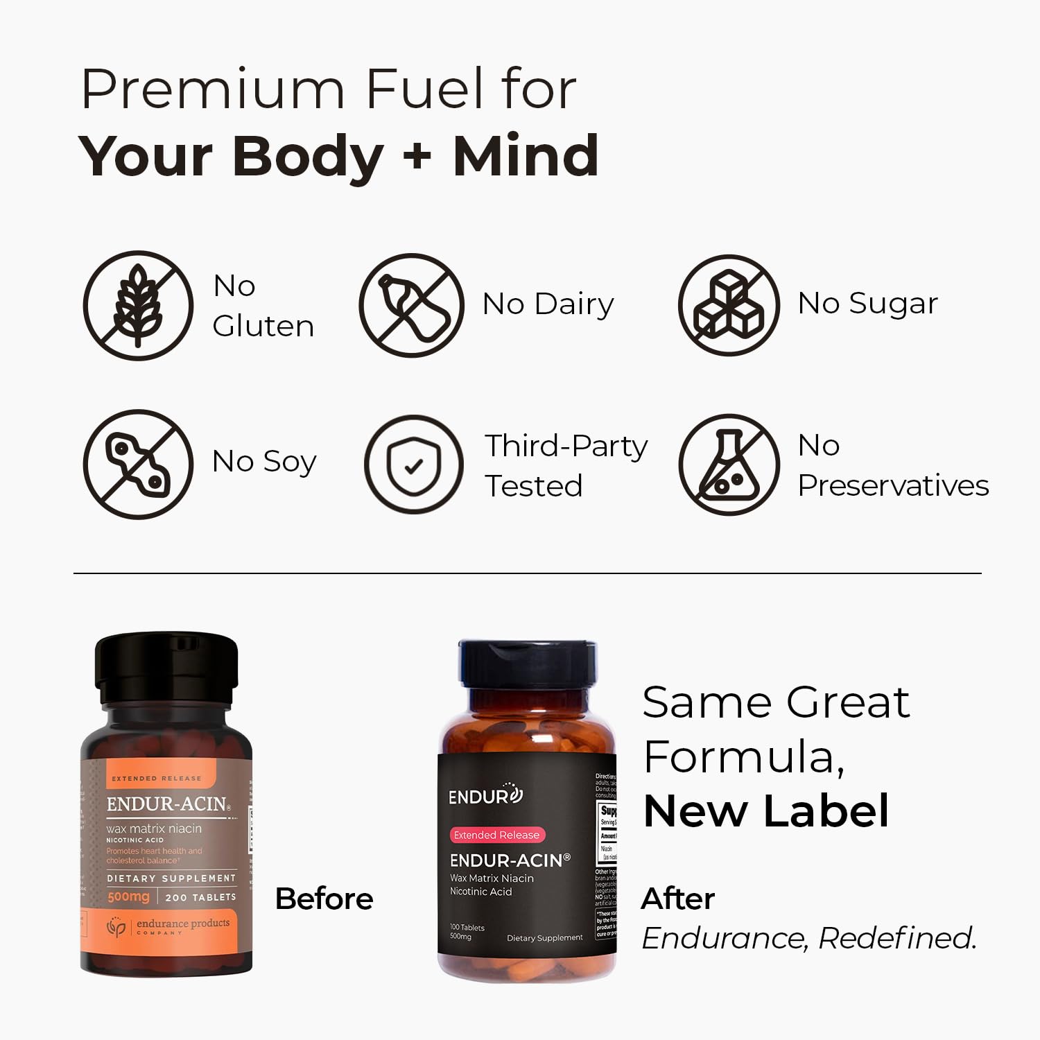 Gluten-free and vegan certification icons on bottle