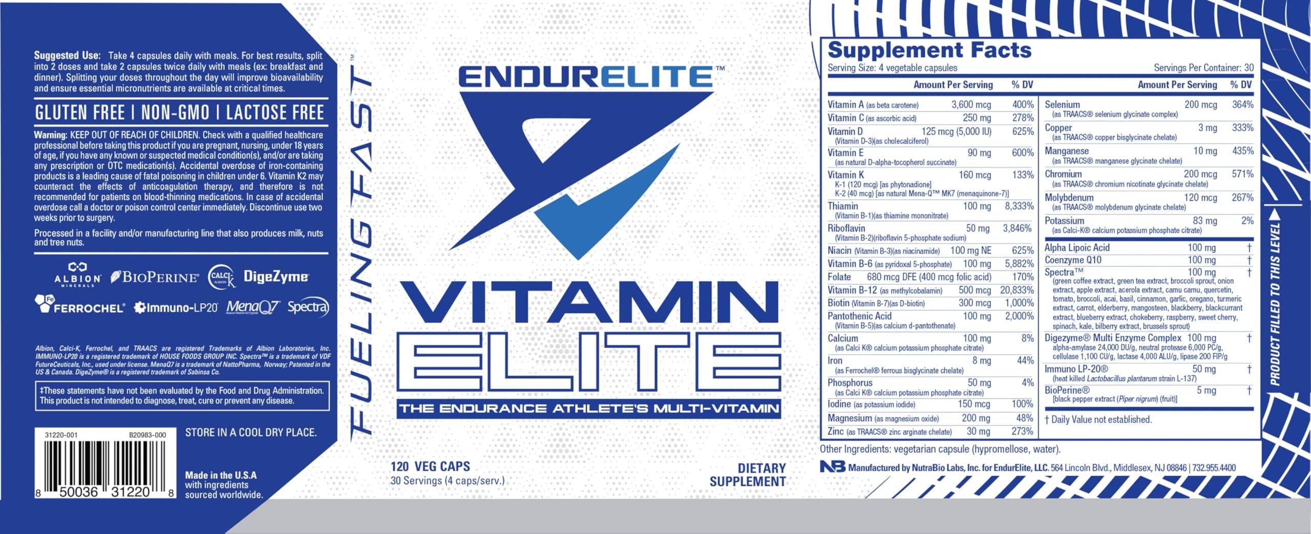 Ingredient list and vitamins in EndurElite Vitamin Elite