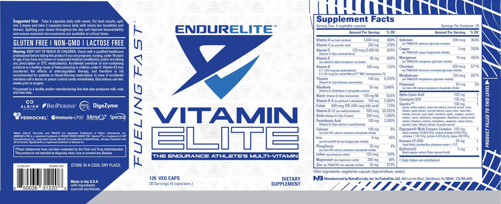 Ingredient list and vitamins in EndurElite Vitamin Elite