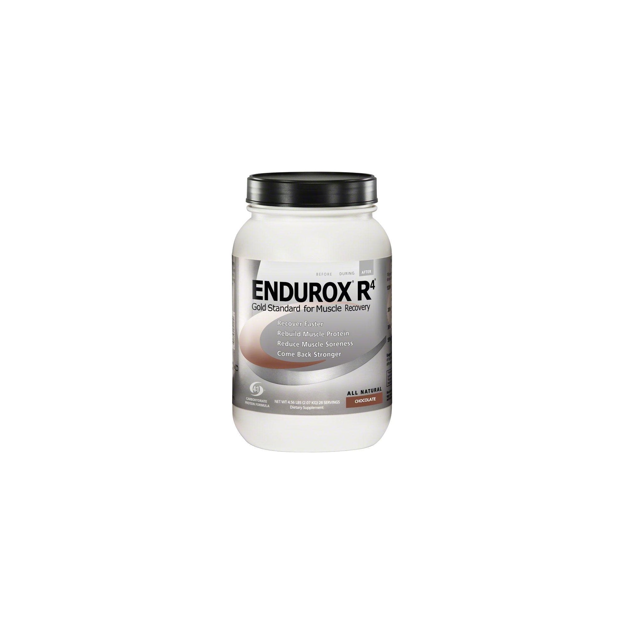 Endurox R4 chocolate tub front view highlighting recovery-forward formula for post-workout energy