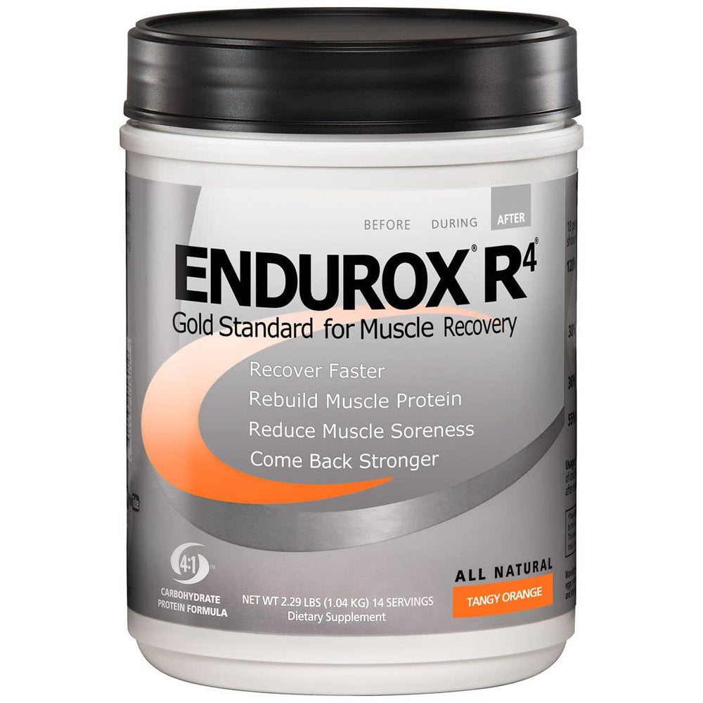 Endurox R4 Tangy Orange packaging showing the 4:1 carb-protein formula for faster recovery