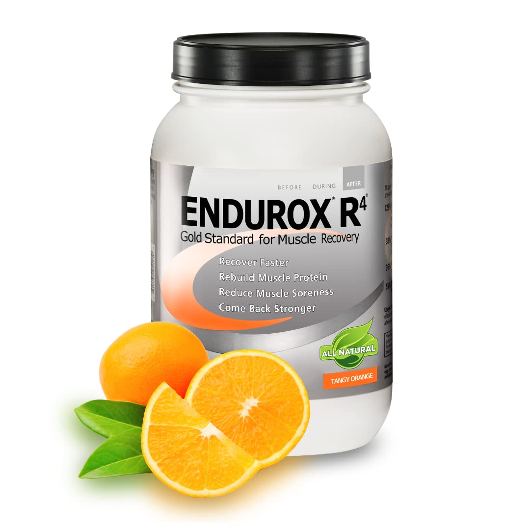 Endurox R4 tangy orange powder beside shaker for post-workout recovery.