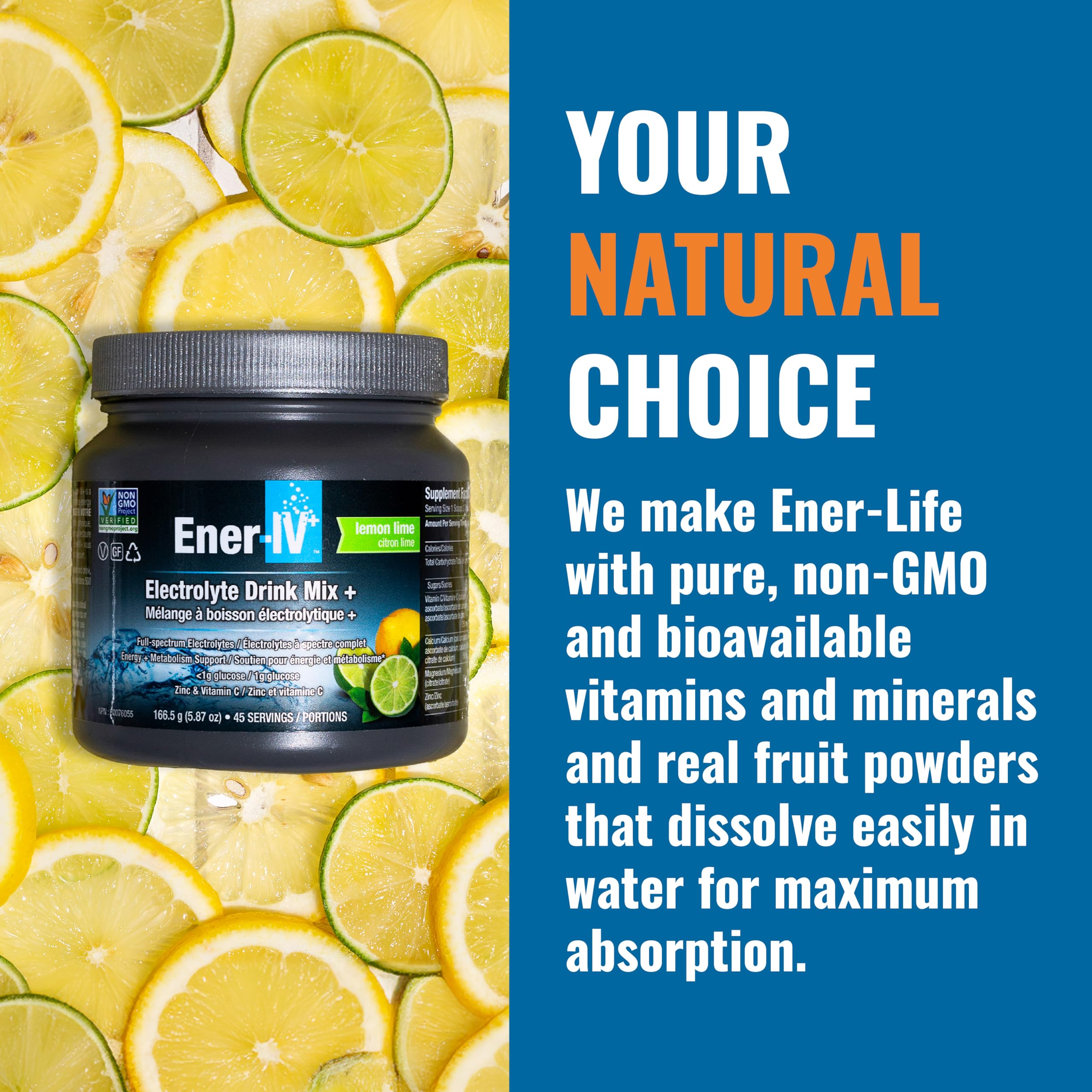 Ener-C clean, natural nutrients label emphasizes non-GMO, vegan, gluten-free ingredients.