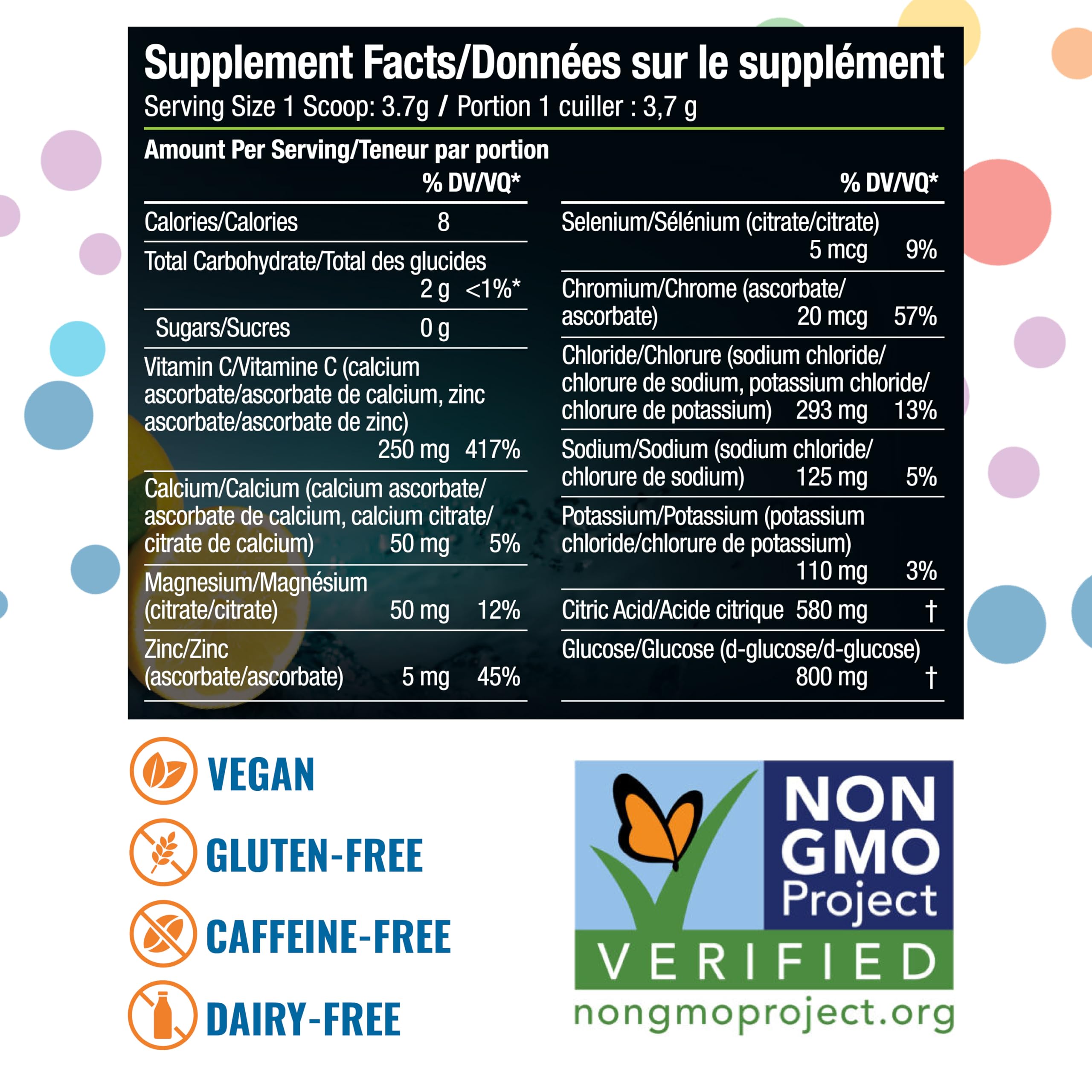 Ener-C clean, natural nutrients label emphasizes non-GMO, vegan, gluten-free ingredients.