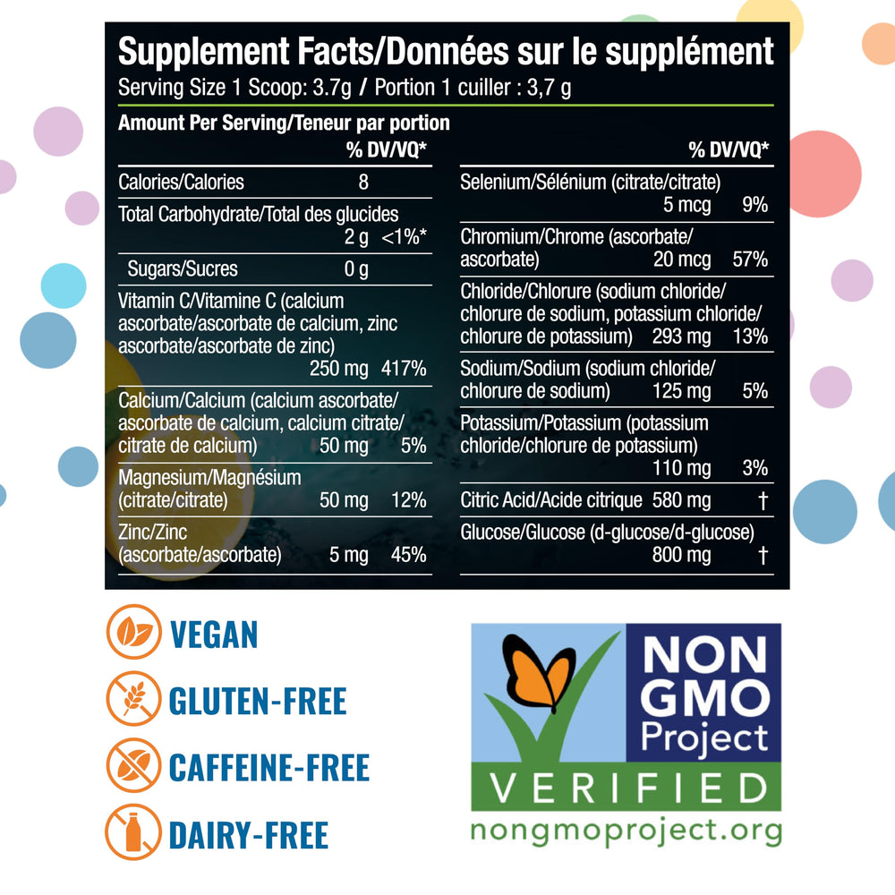 Ener-C clean, natural nutrients label emphasizes non-GMO, vegan, gluten-free ingredients.