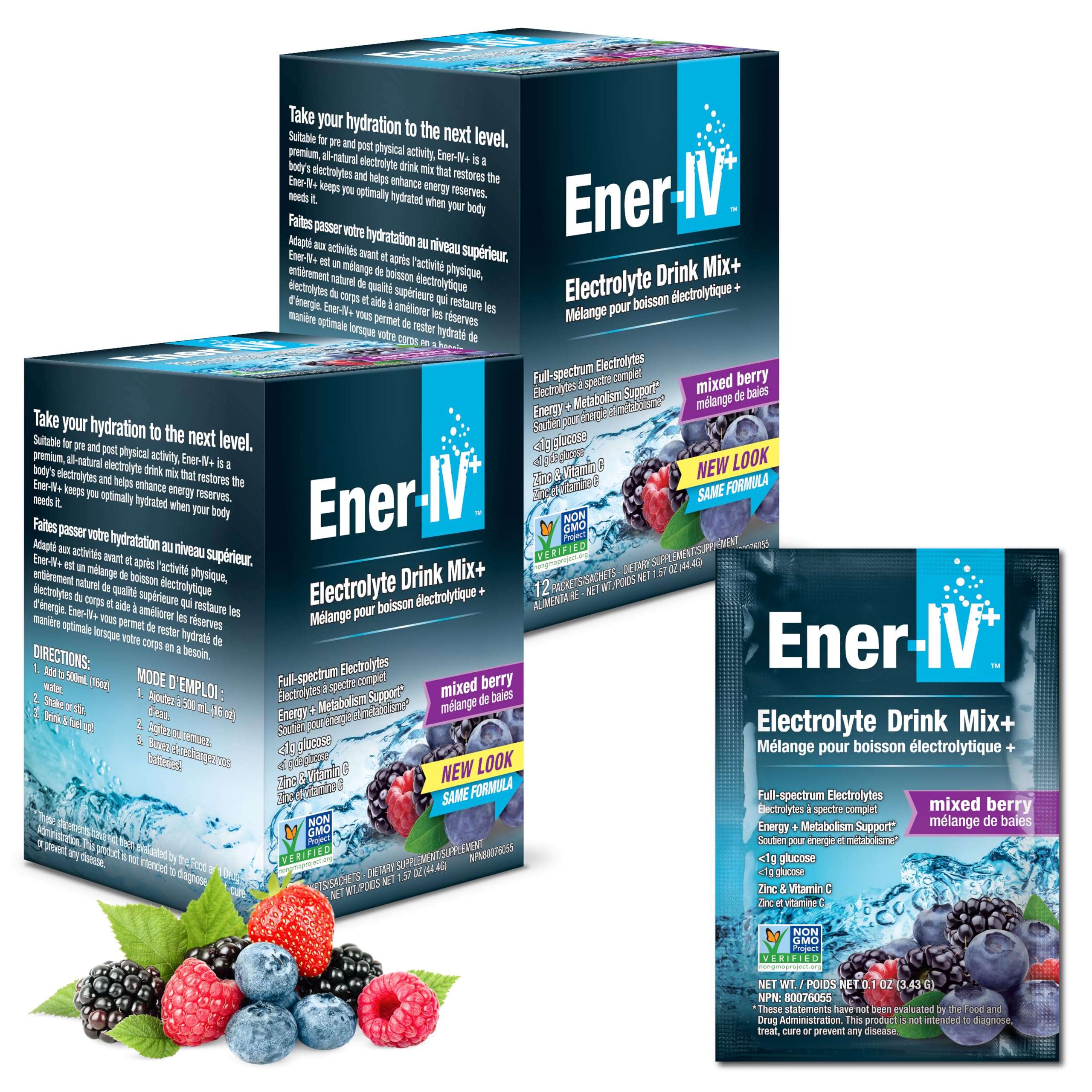 Ener-C Ener-IV mixed-berry packets ready for convenient on-the-go hydration.