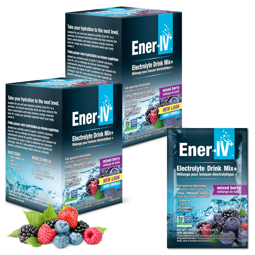 Ener-C Ener-IV mixed-berry packets ready for convenient on-the-go hydration.
