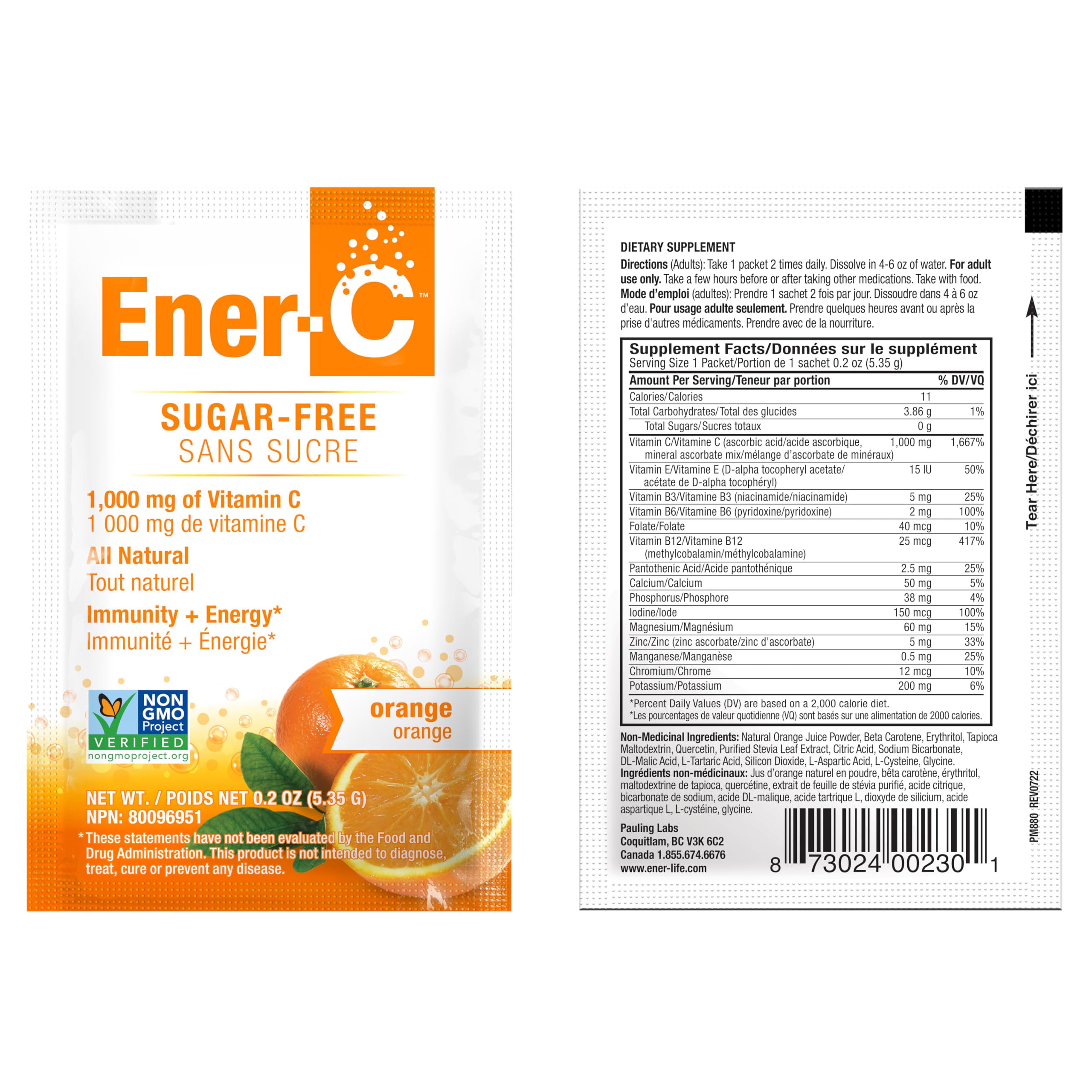 Vegan, Non-GMO, Gluten Free, zero sugar attributes of Ener-C Sugar Free Orange mix