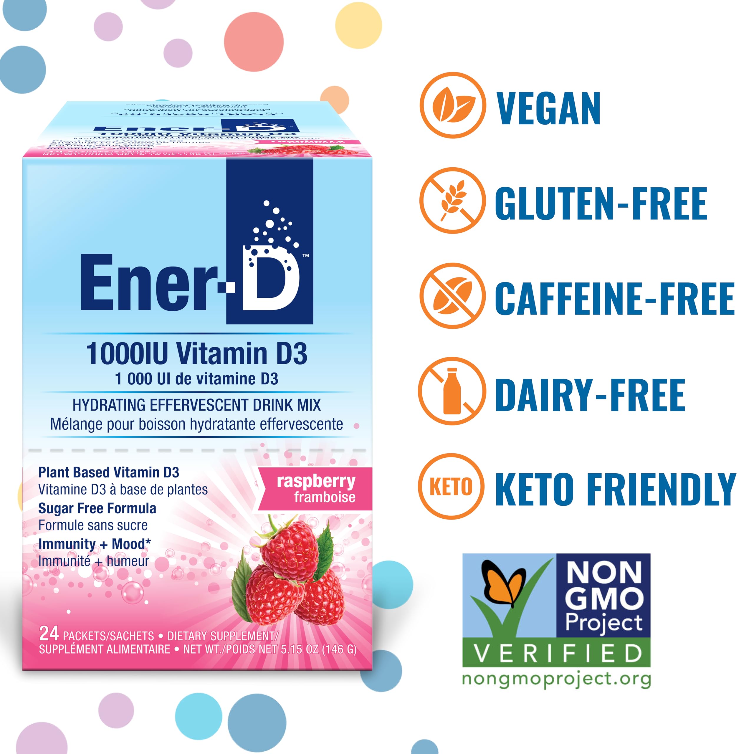 Ener-D Raspberry hydration mix sachets displayed