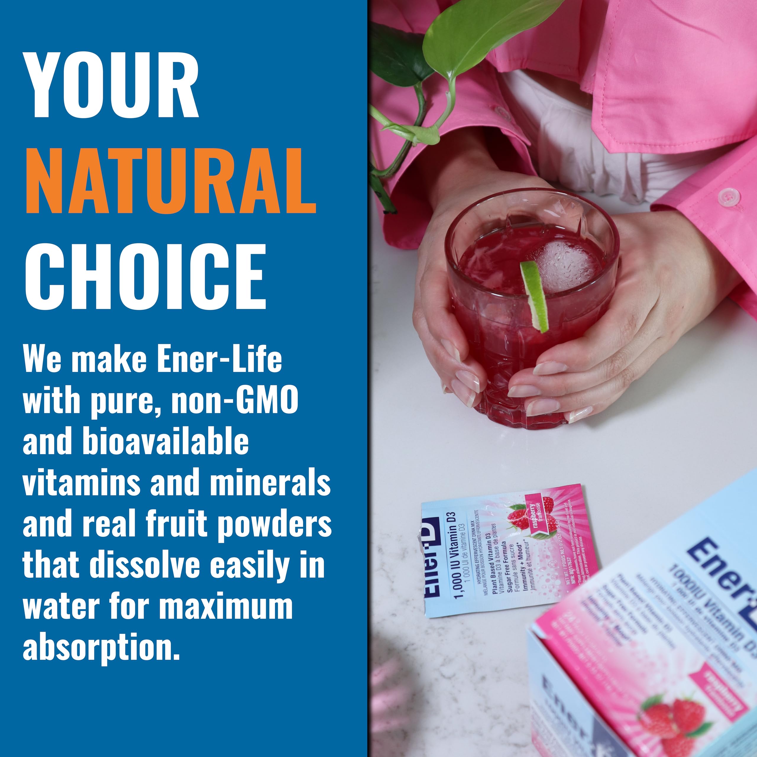 Vegan and gluten-free icons on Ener-D packaging