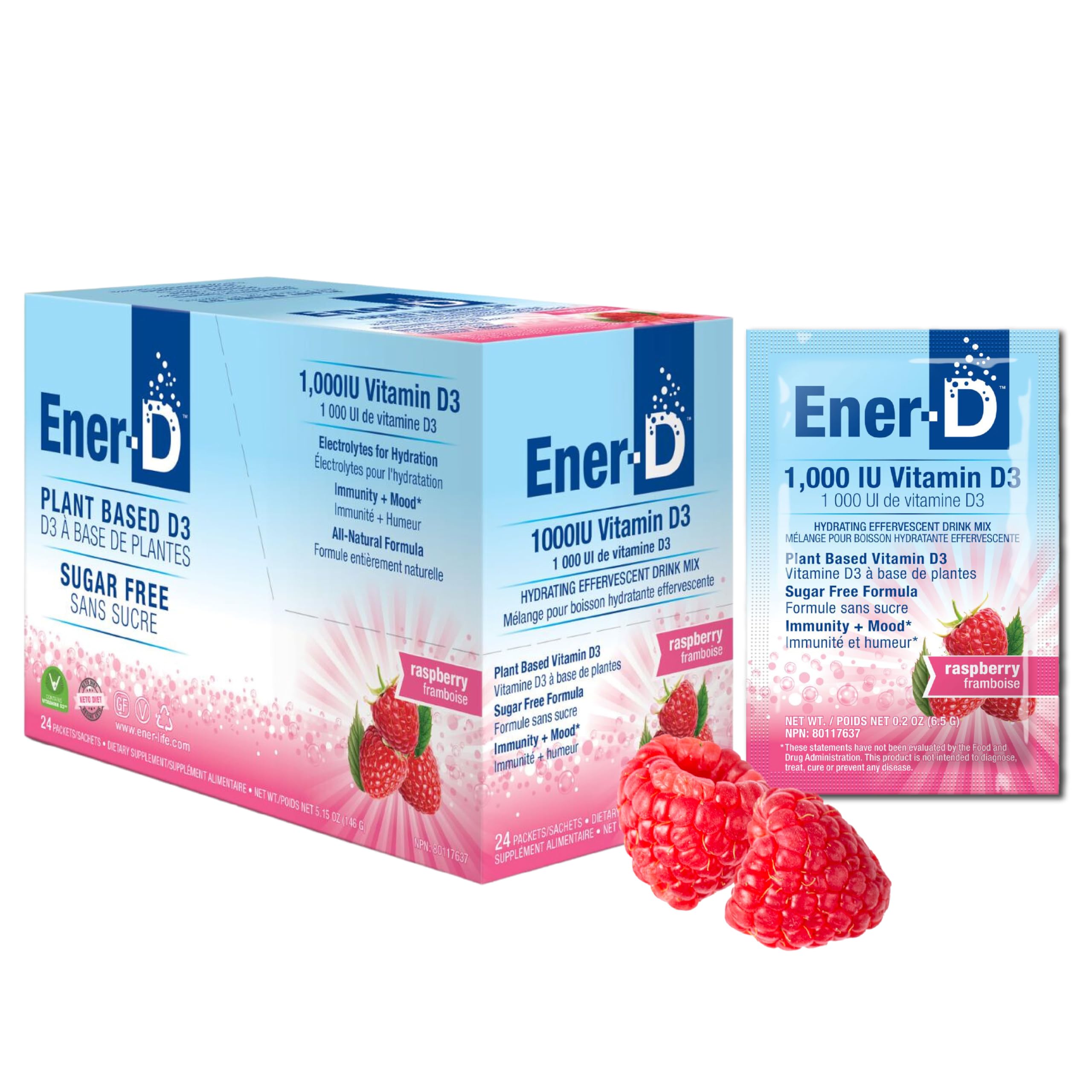 Ener-D Raspberry sugar free multivitamin drink mix bottle and packets