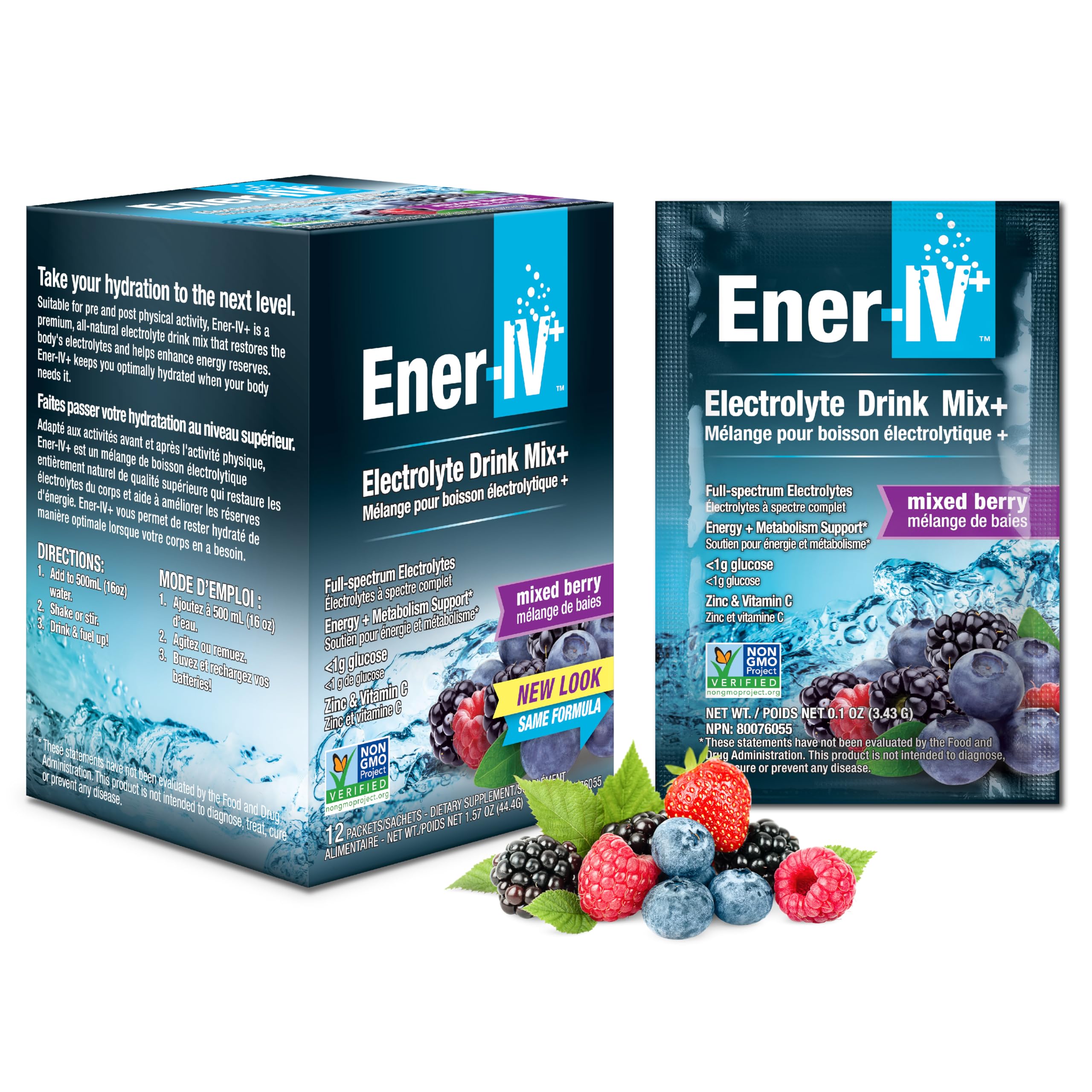 Front packaging of Ener-IV Mixed Berry electrolyte powder (12 count)