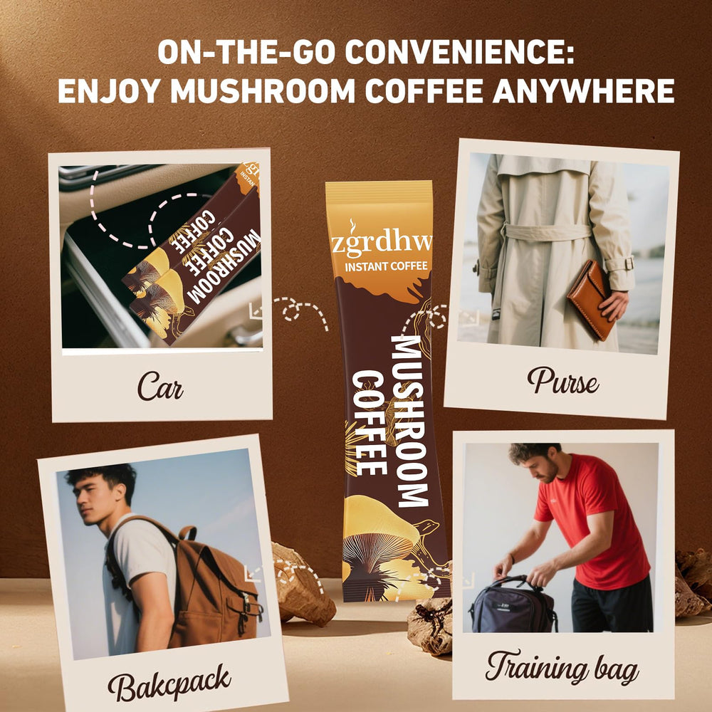 Graphic illustrating energy, focus, and immune support from mushroom coffee.