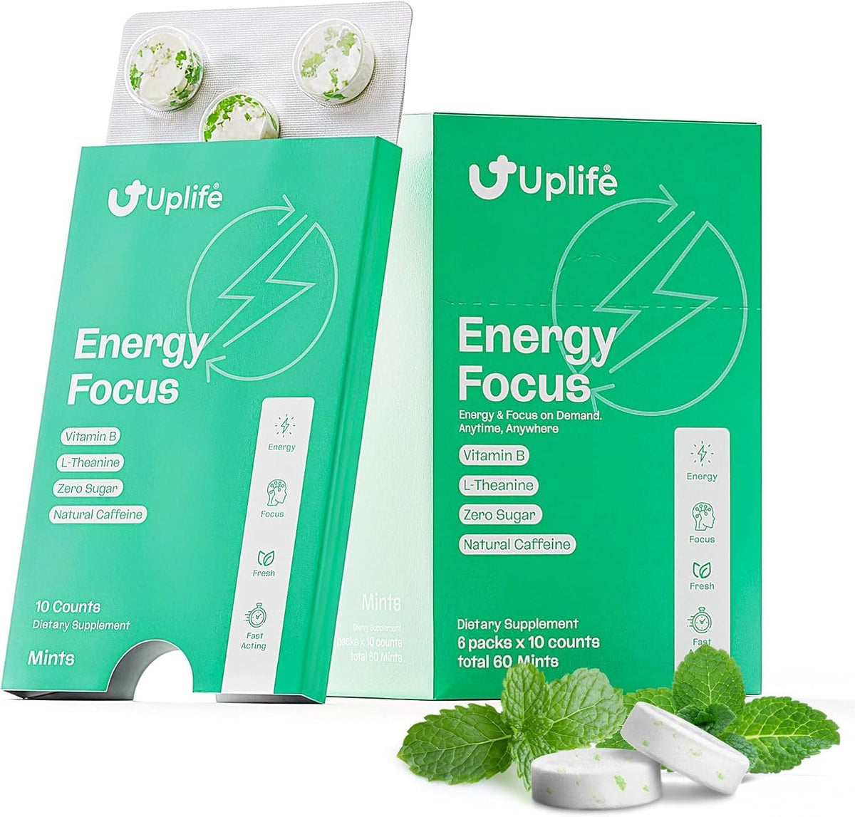 Front view of Energy + Focus Mints 60-count peppermint pack