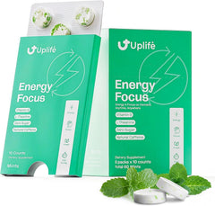 Front view of Energy + Focus Mints 60-count peppermint pack