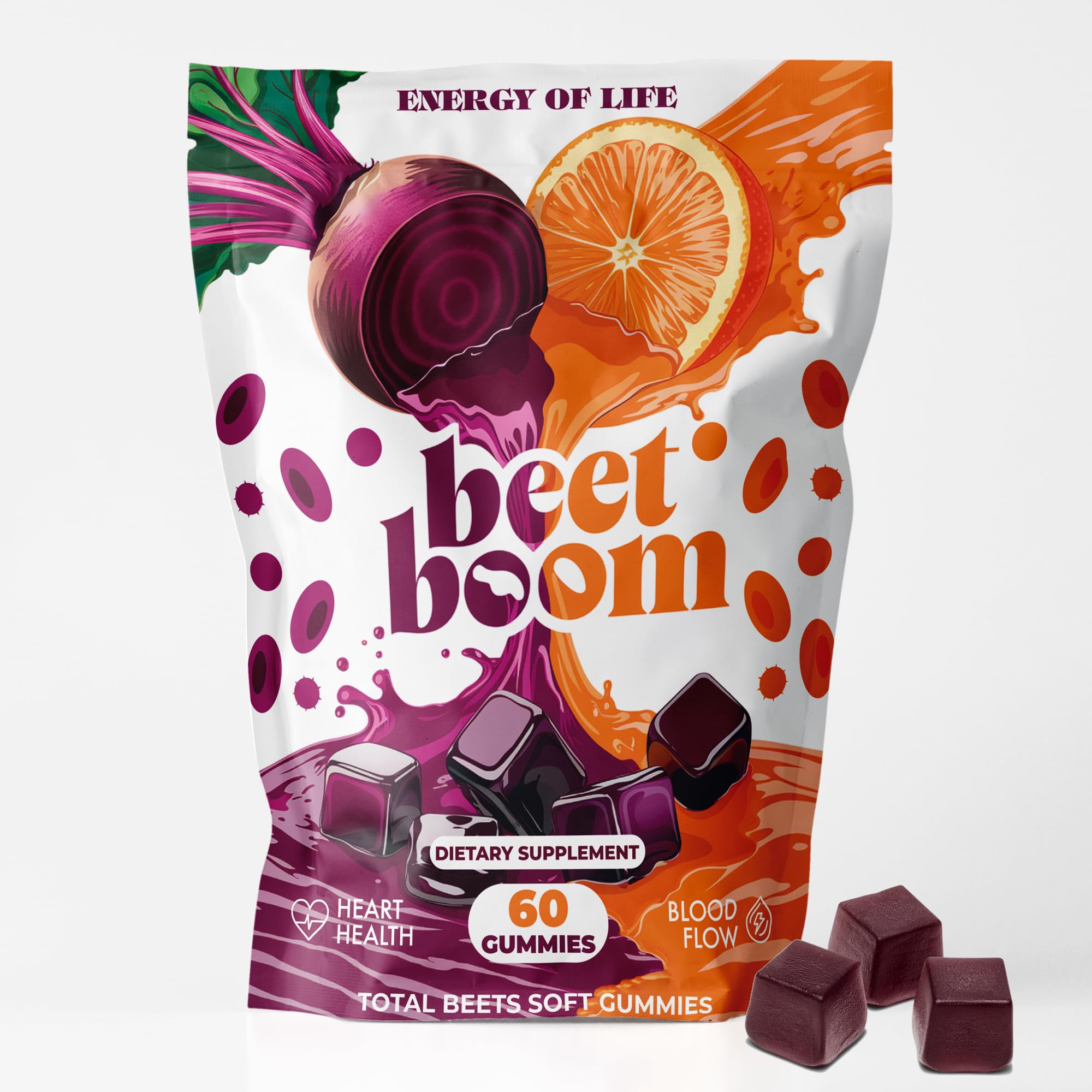 Energy of Life Beet Boom bottle angled for convenient daily heart support.