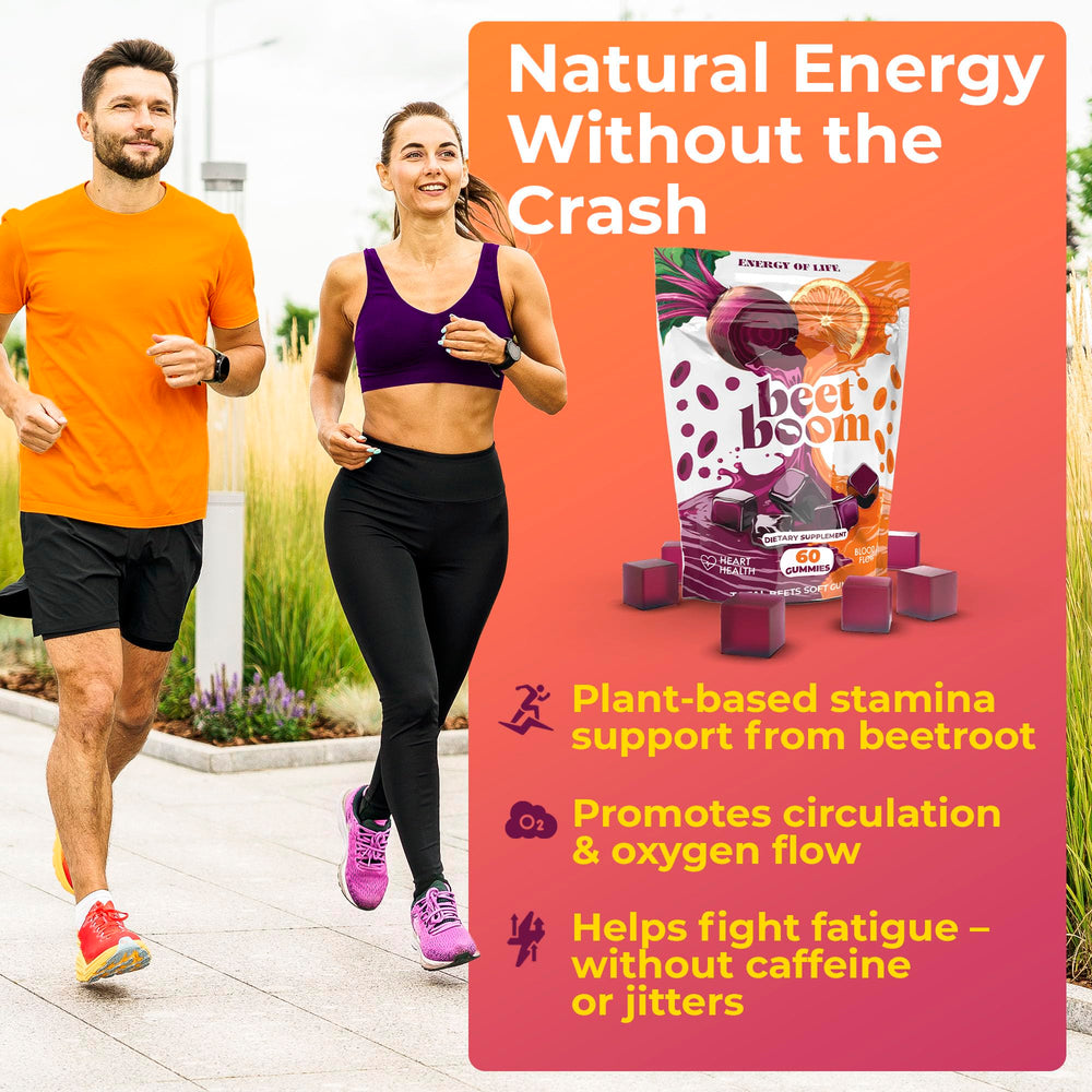 Energy of Life Beet Boom gummies on a hand for daily vitality routine.