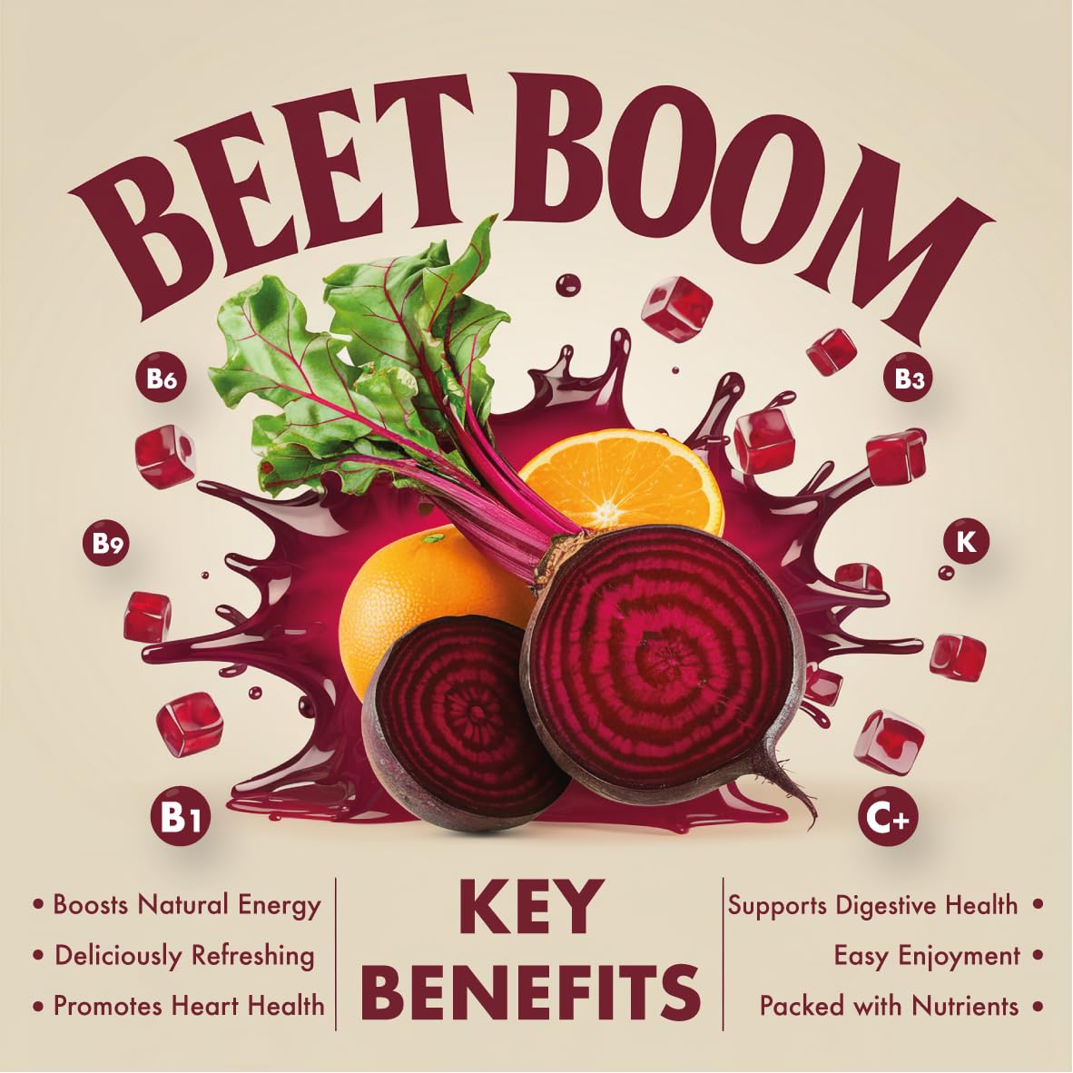Energy of Life Beet Boom shelf display suggesting easy everyday use and portability.