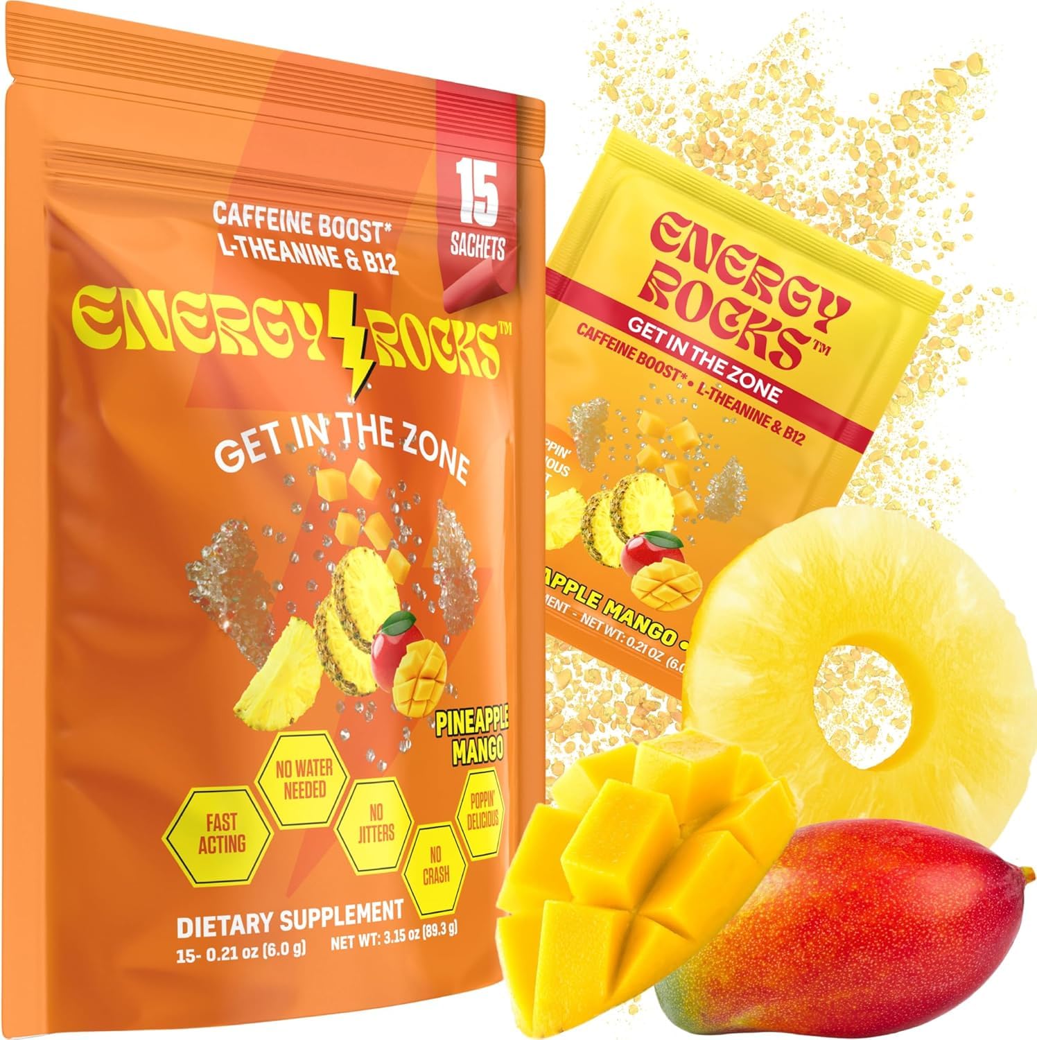 Energy Rocks pop-on-tongue close-up — instant energy with smooth focus.