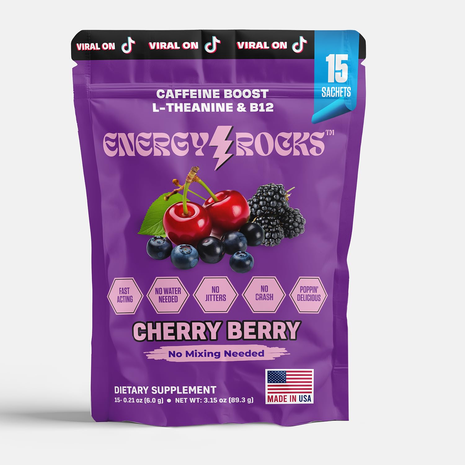Energy Rocks Cherry Berry sachet for quick on-the-go energy.