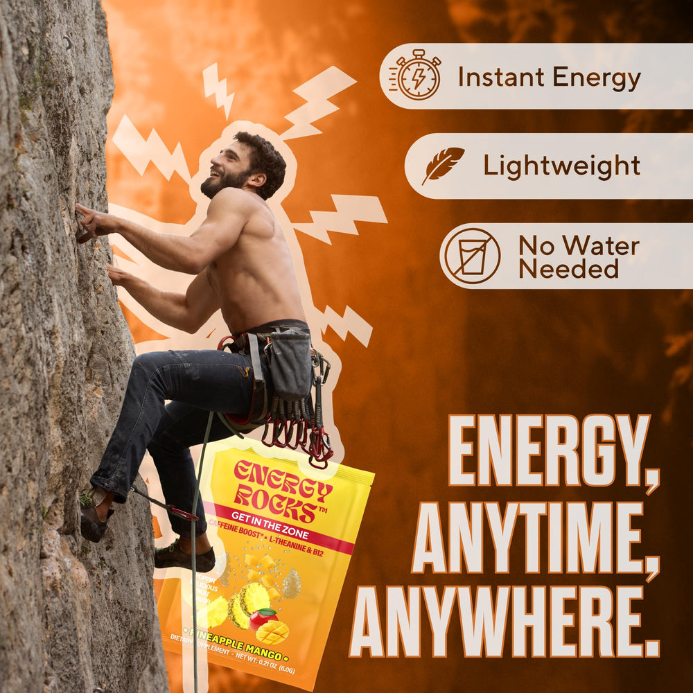Energy Rocks pineapple-mango flavor swirl — tasty energy for workouts or commutes.