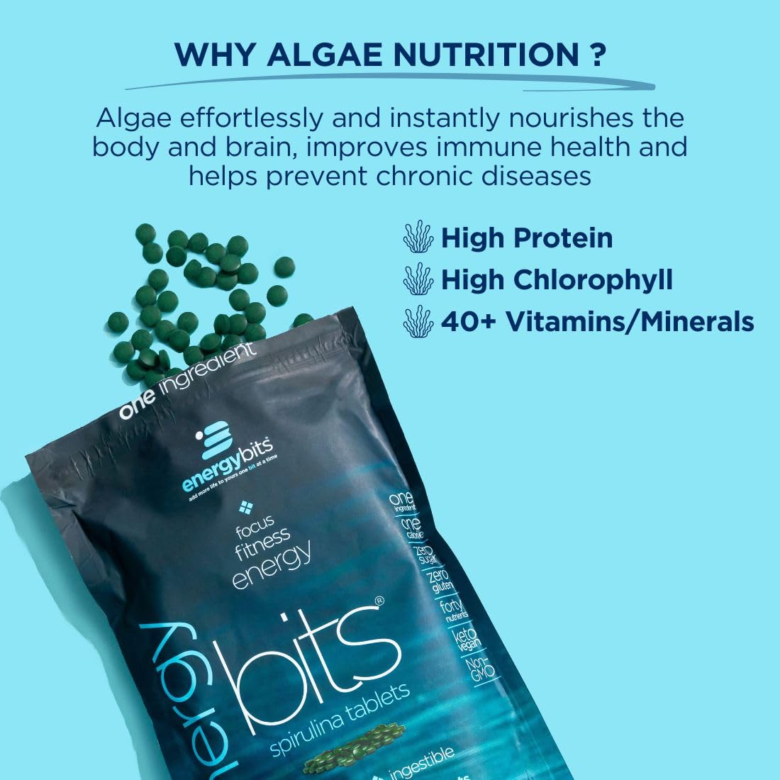 Close-up of ENERGYBITS spirulina tablet showing one-ingredient formula