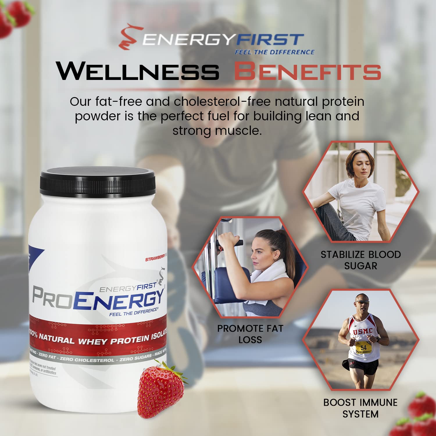 EnergyFirst grass-fed strawberry whey glass showing serving ideas with premium protein