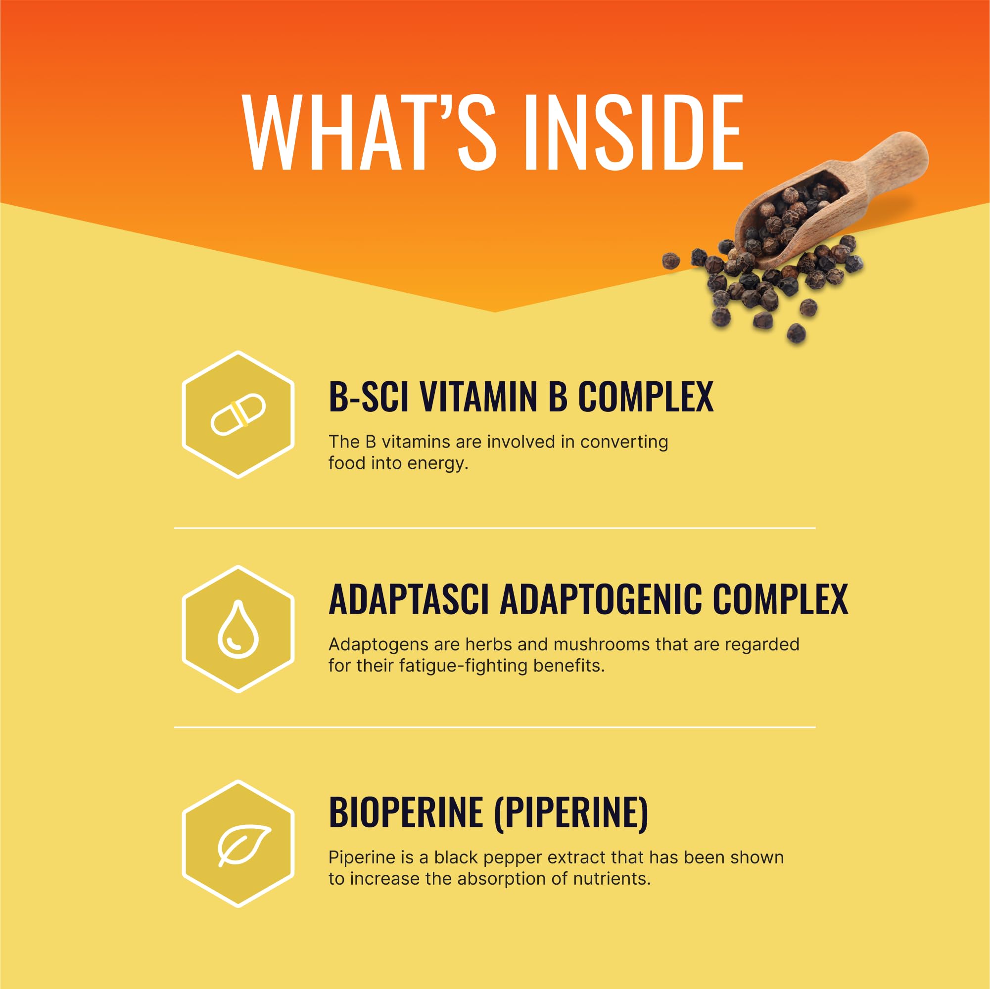 Close-up of Energysyl label highlighting B vitamins Bioperine and caffeine-free claim