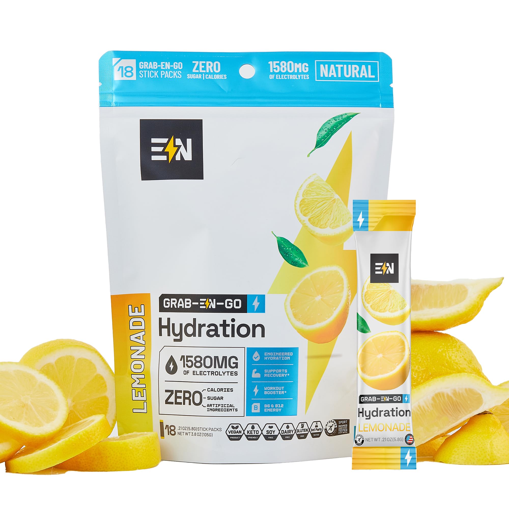 Engineered Nutrition lemonade electrolyte packets closeup show crisp flavor and hydration potential.