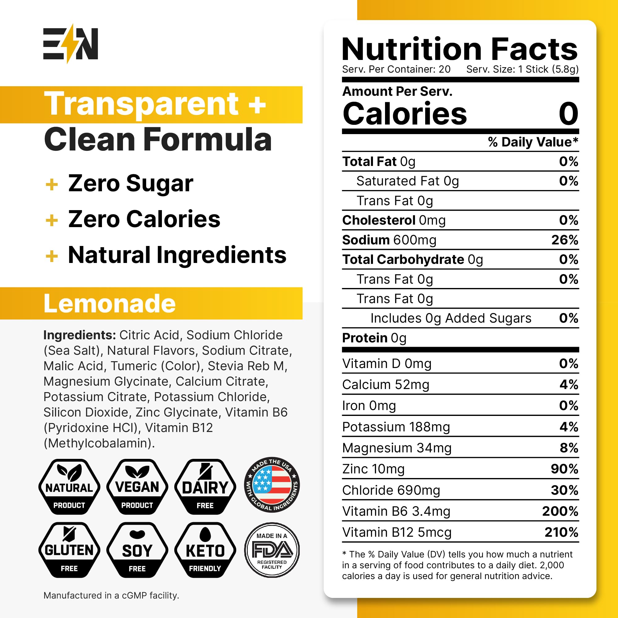 Engineered Nutrition lemonade electrolyte packets poured into 16 oz glass for quick hydration.
