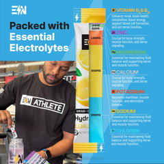 Engineered Nutrition lemonade electrolyte packets being poured into water for instant hydration.