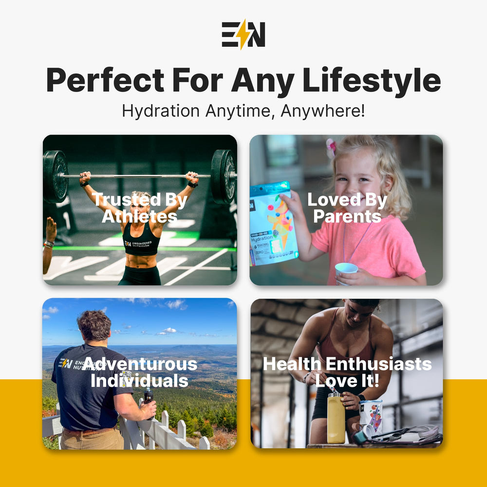 Engineered Nutrition lemonade electrolyte packets travel-ready for on-the-go hydration.