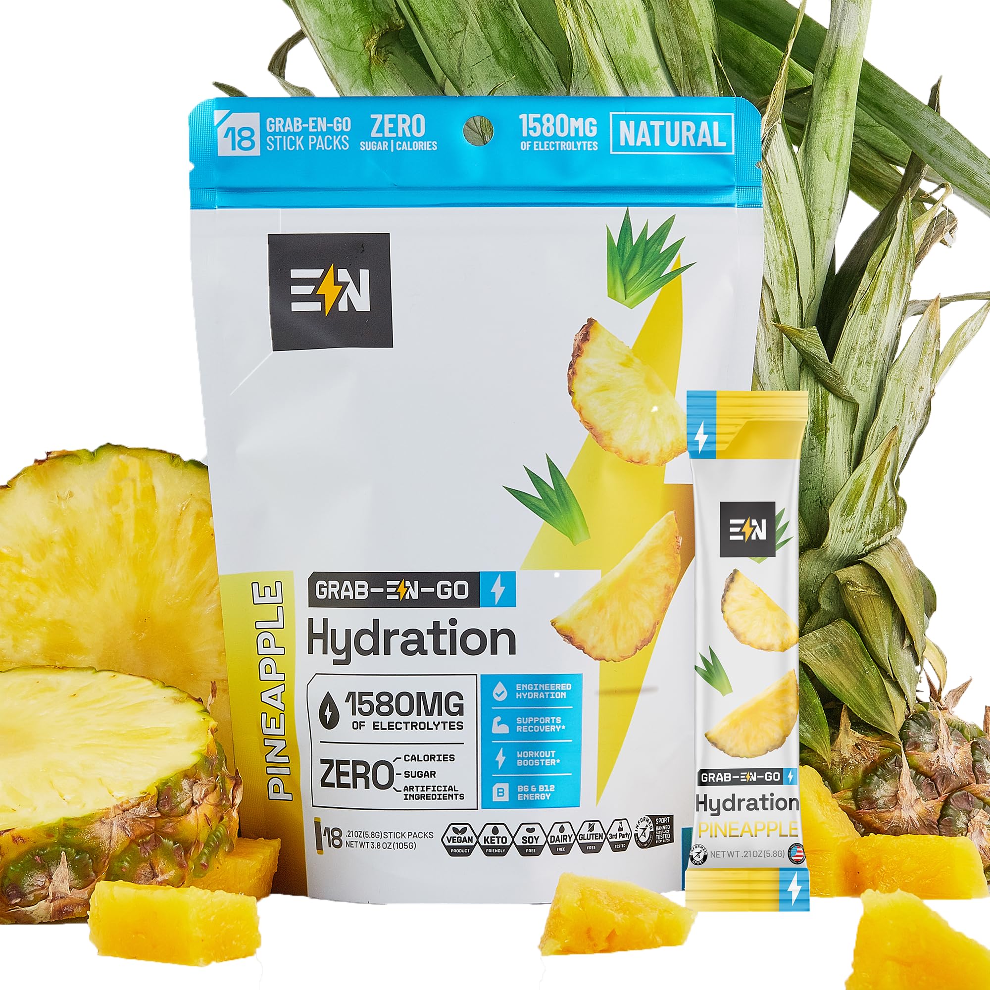 Engineered Nutrition pineapple electrolyte packet close-up for quick sugar-free hydration.