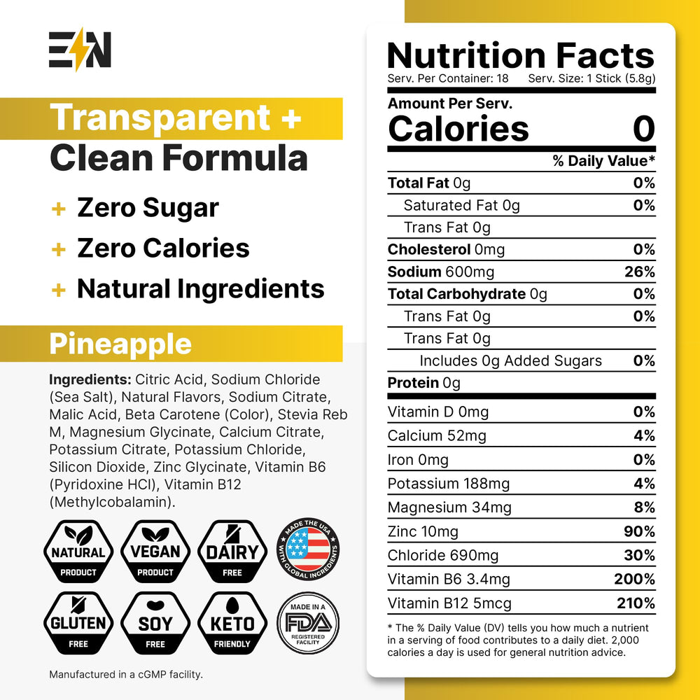 Engineered Nutrition pineapple electrolyte packets displayed on shelf for keto hydration choice.