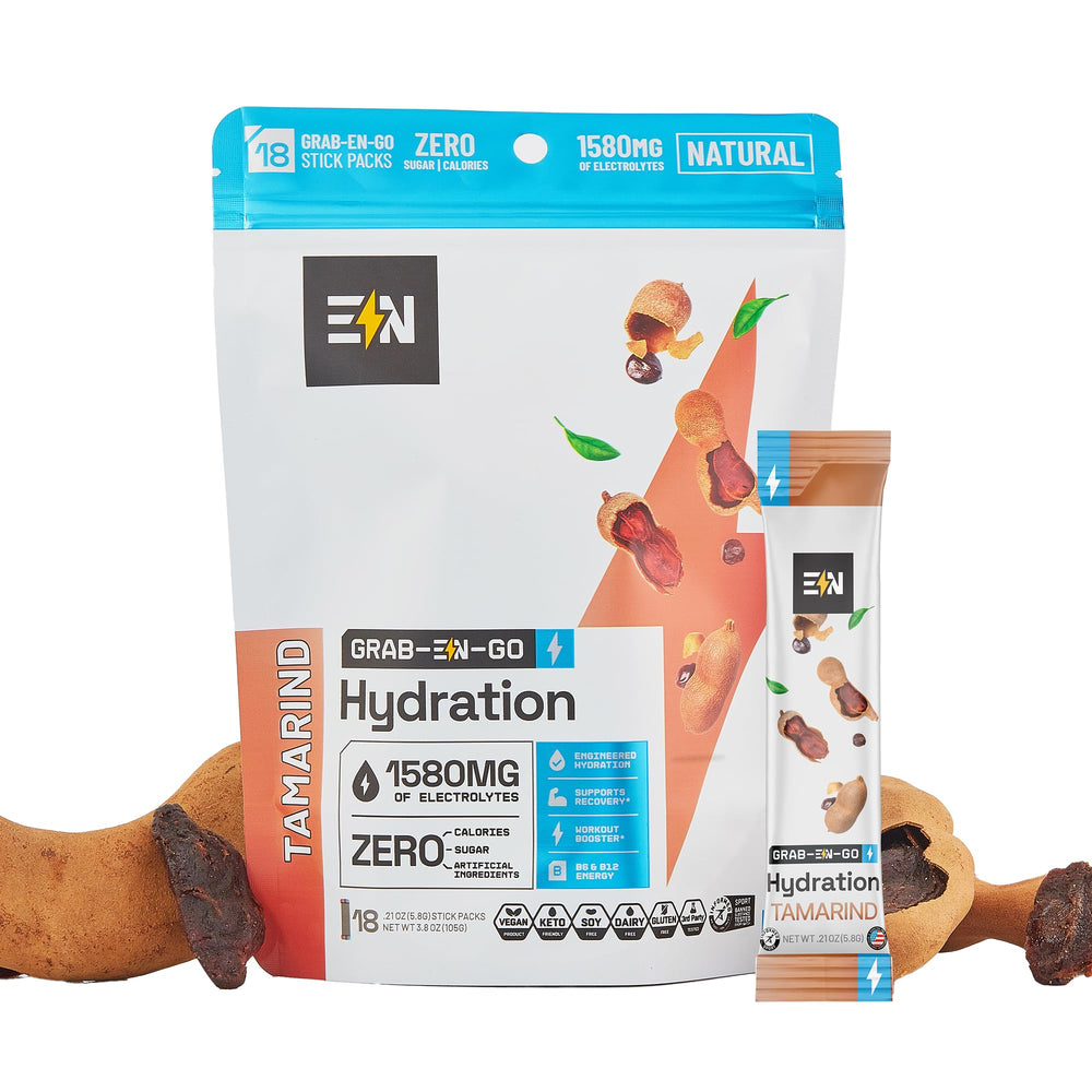 Engineered Nutrition sugar-free electrolyte tamarind packet closeup highlights tangy tamarind flavor and clean hydration