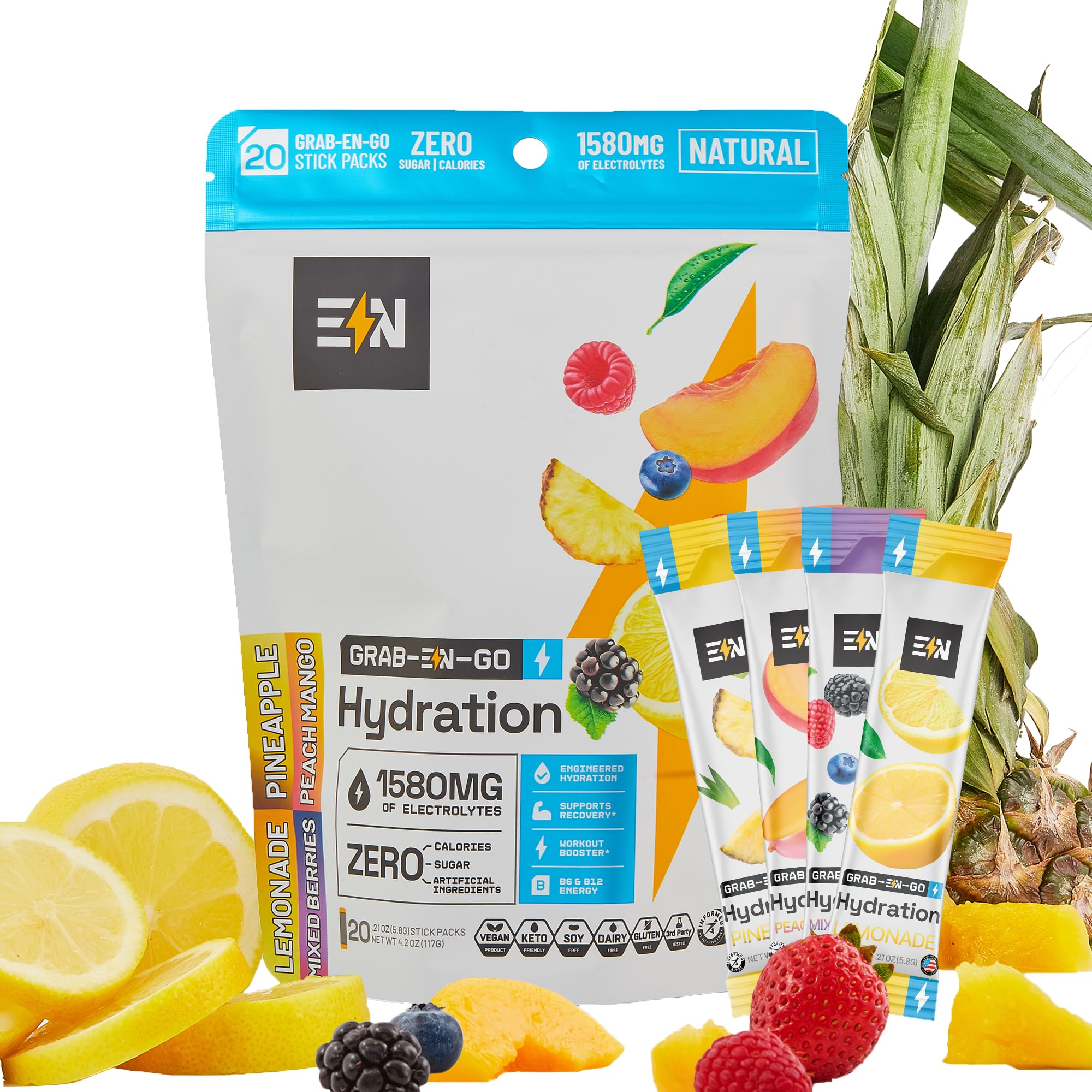 Engineered Nutrition variety pack lemonade packet poured into water showcasing hydration on the go