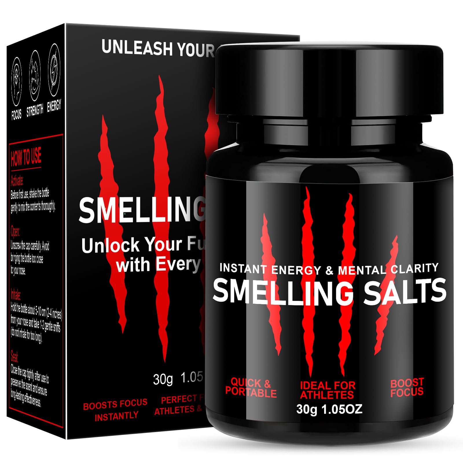 Front view of Enhanced Focus & Explosive Force salts bottle – red 30g