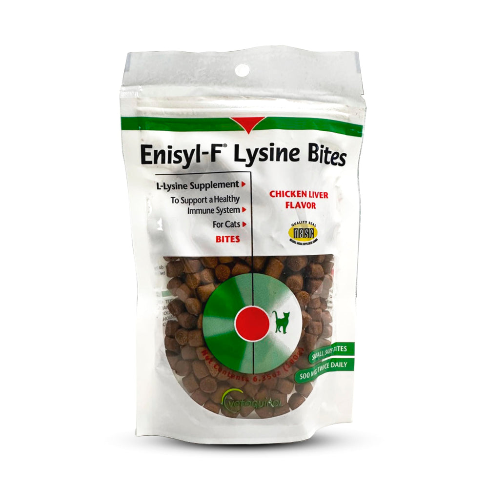 Front view of Vetoquinol Enisyl-F Lysine Bites cat chews in packaging