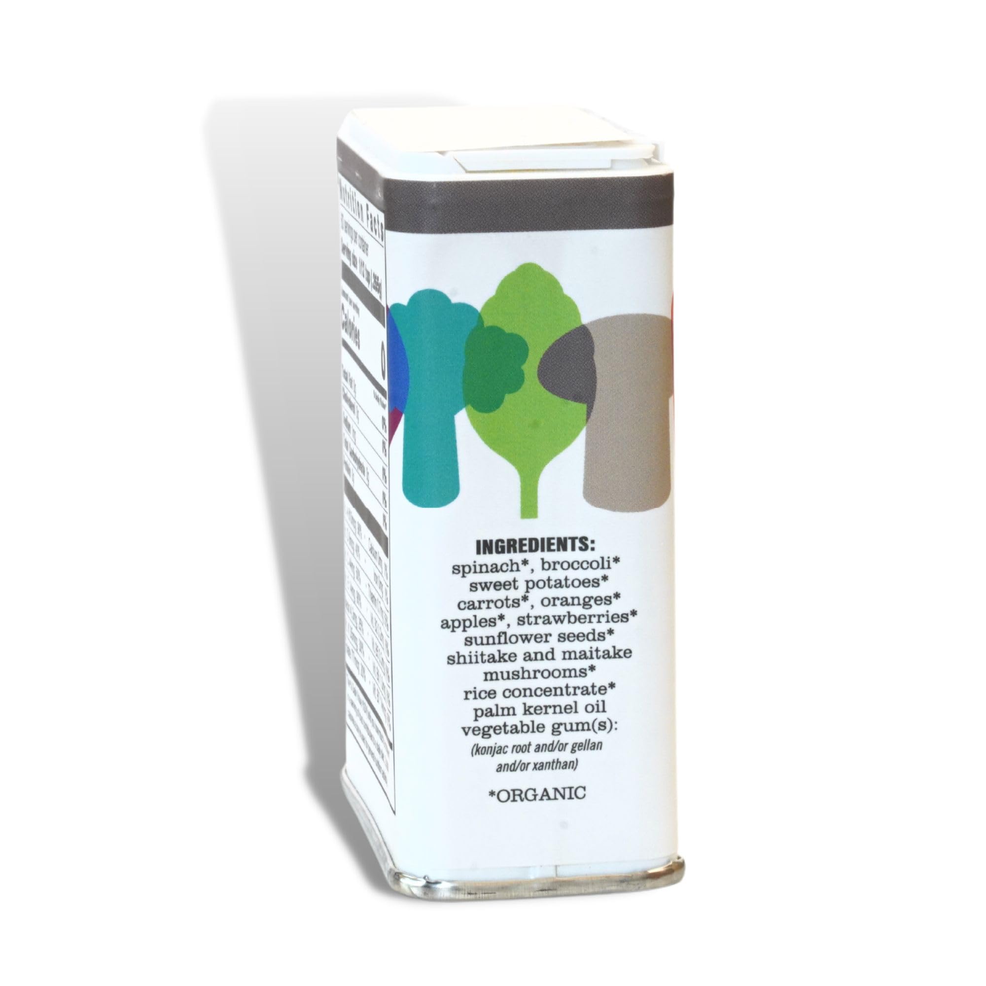 Ingredients included in ENOF powder: carrots, broccoli, spinach, sweet potatoes, shiitake, maitake, apples, oranges, strawberries, sunflower seeds