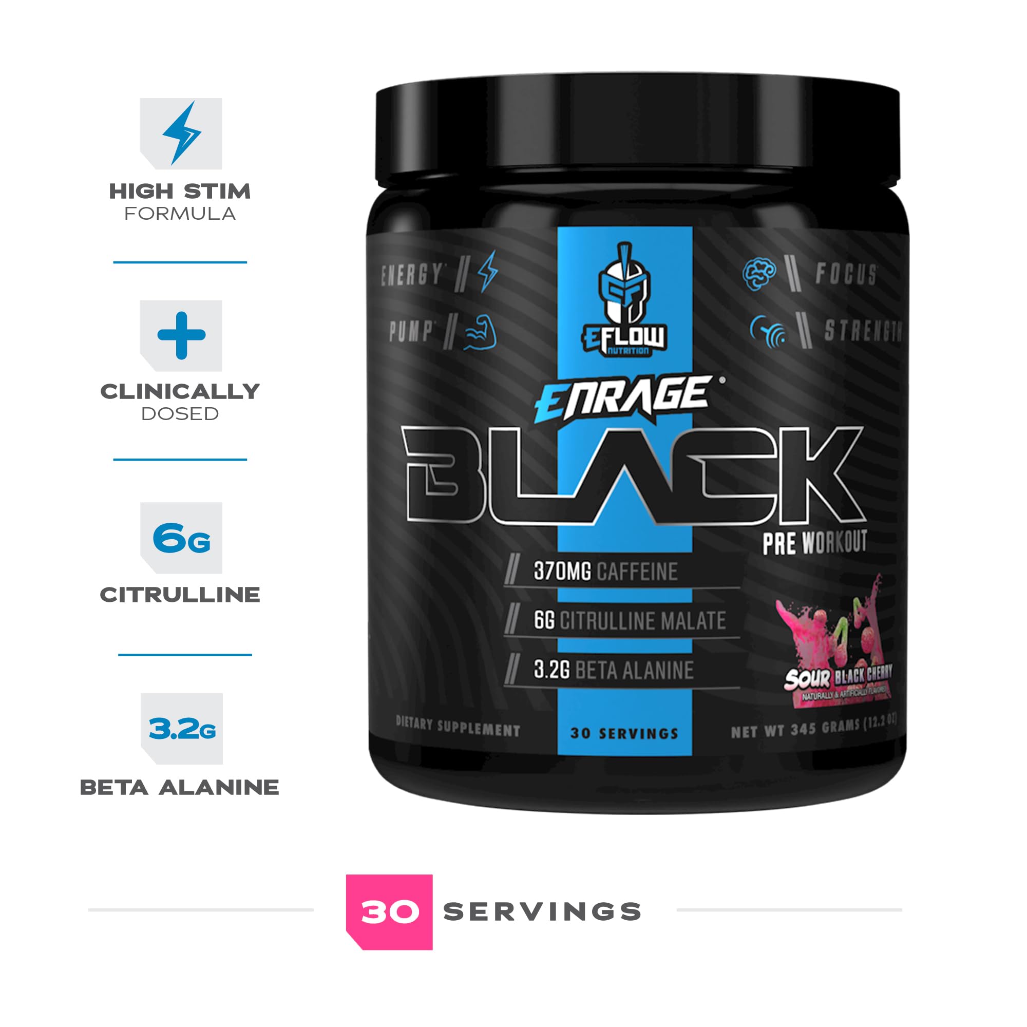 eFlow Nutrition Enrage Black label close-up highlighting premium ingredients for focus and pumps