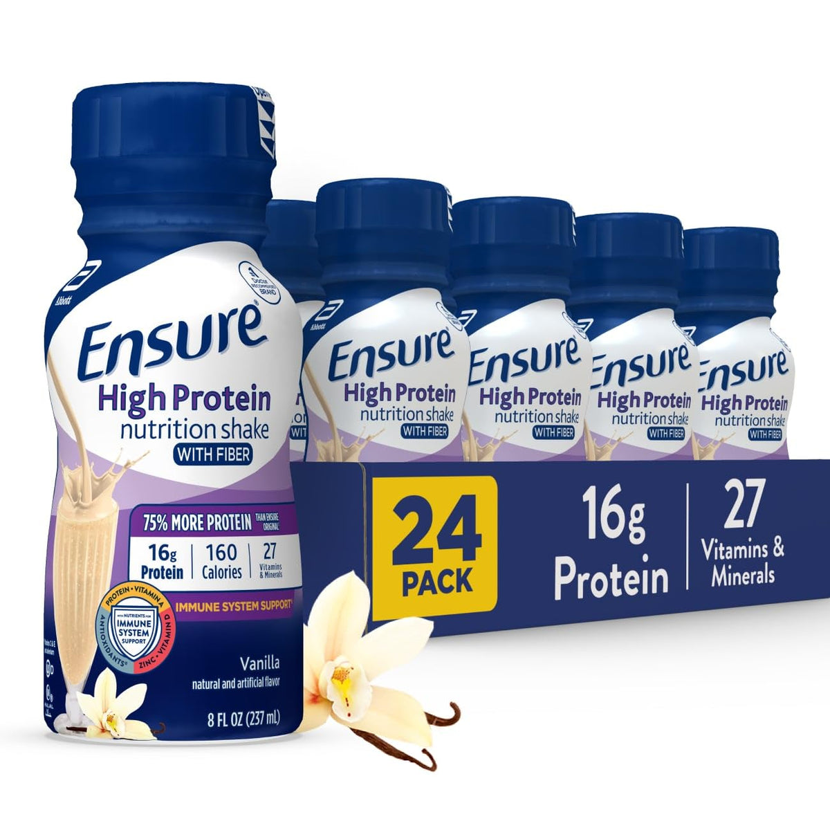 Front of Ensure High Protein Vanilla Nutrition Shake 8 oz bottle in 24-pack