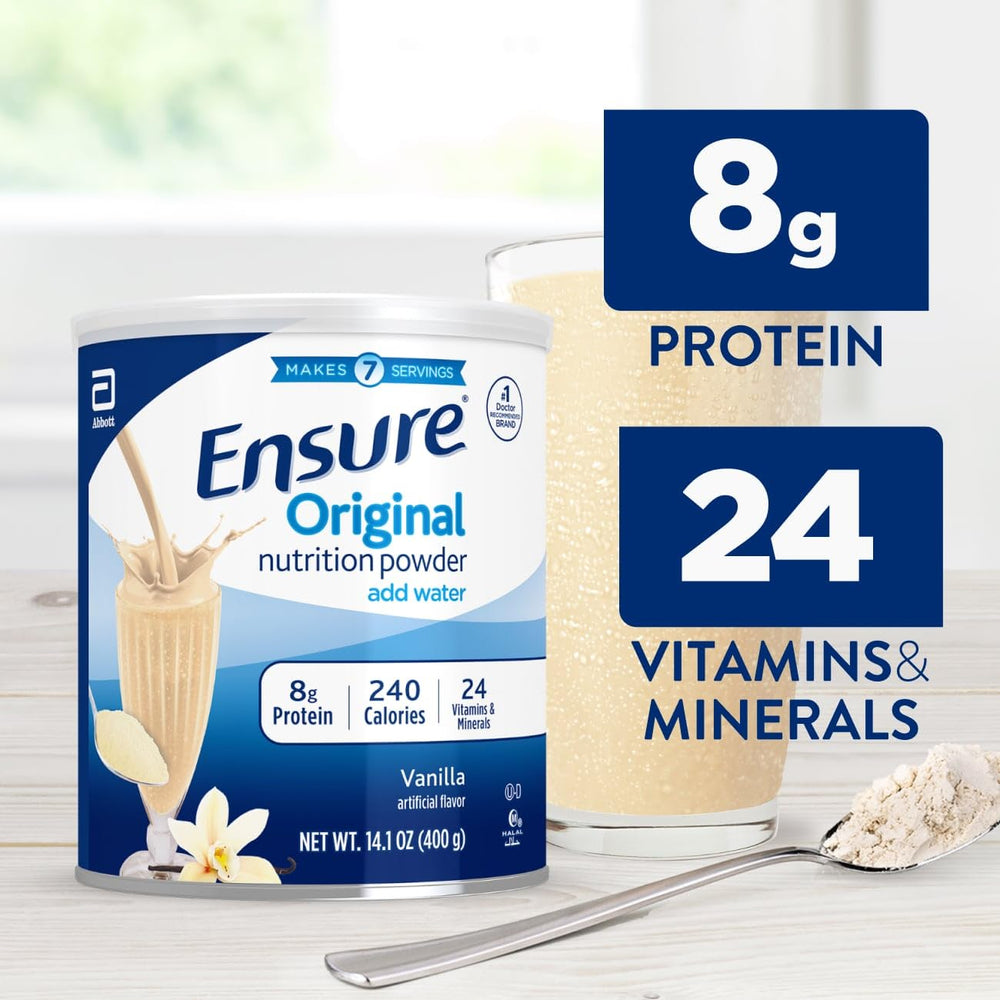 Scoop of vanilla protein powder with measuring scoop